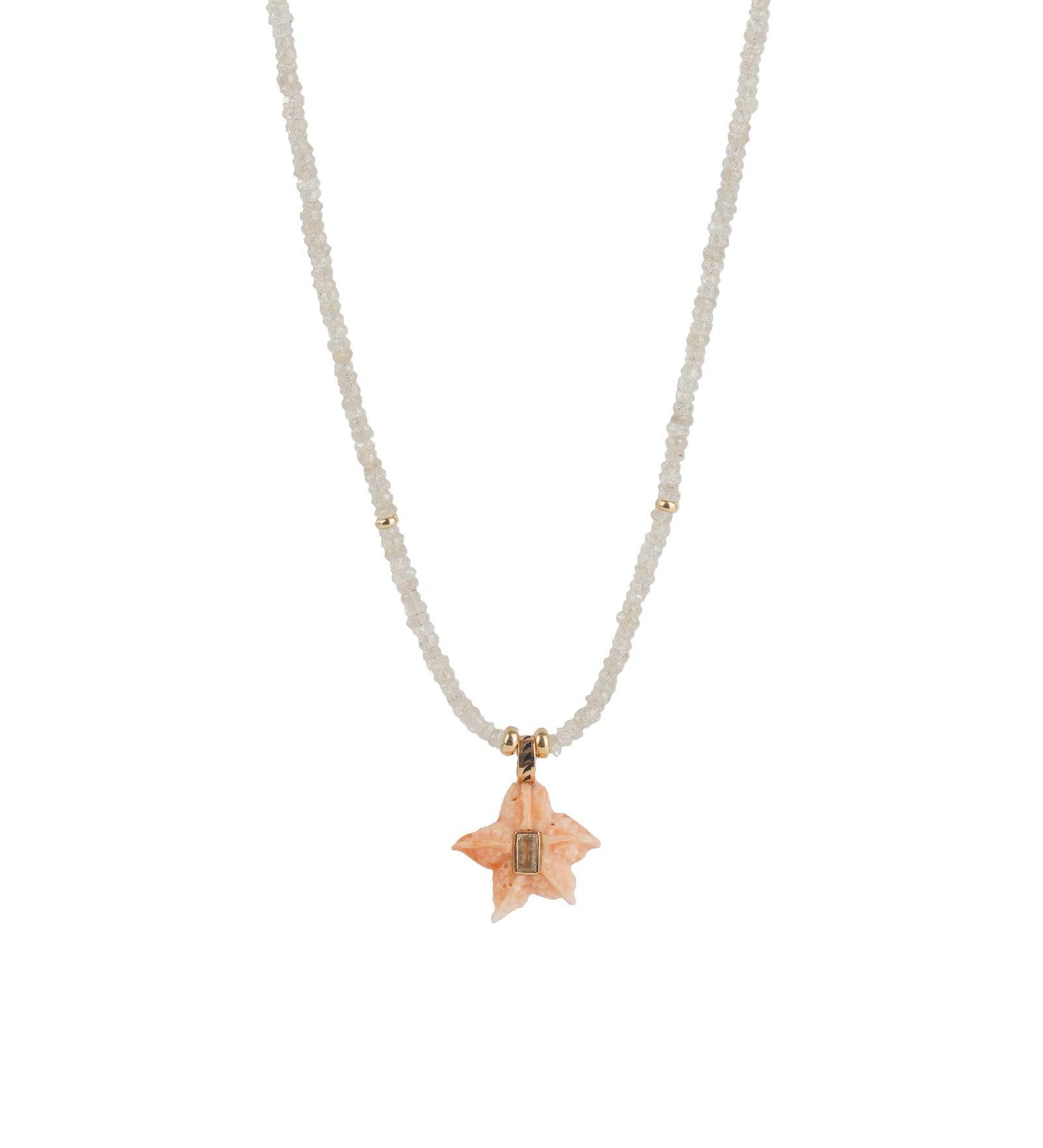 Coral Starfish Charm Beaded Necklace 14k Yellow Gold, White  Zircon