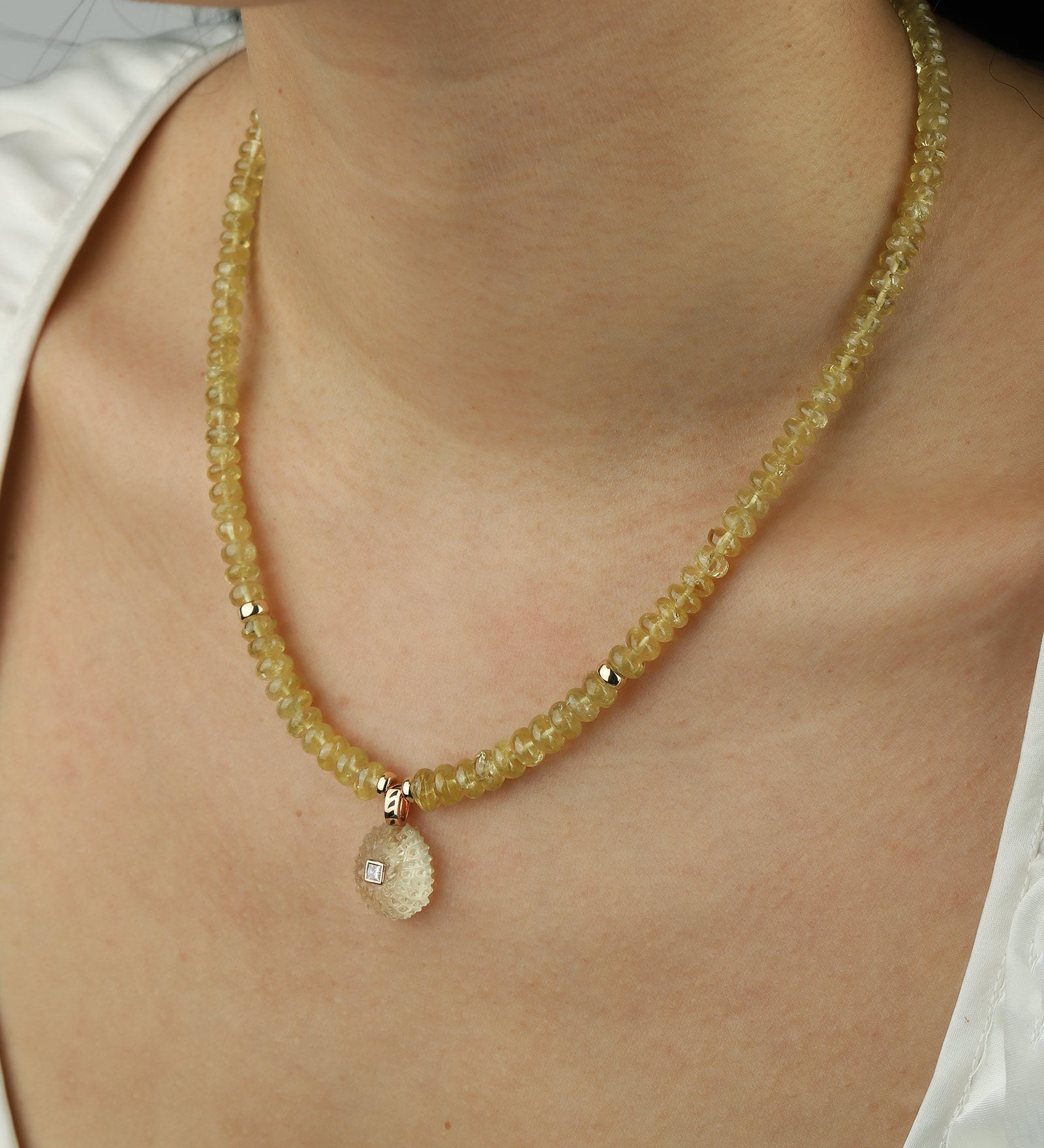 Diamond Sea Urchin Green Garnet Necklace 18k Rose Gold, White Pearl