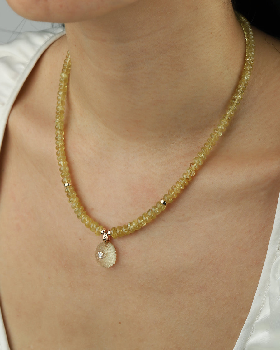 Diamond Sea Urchin Green Garnet Necklace 18k Rose Gold, White Pearl