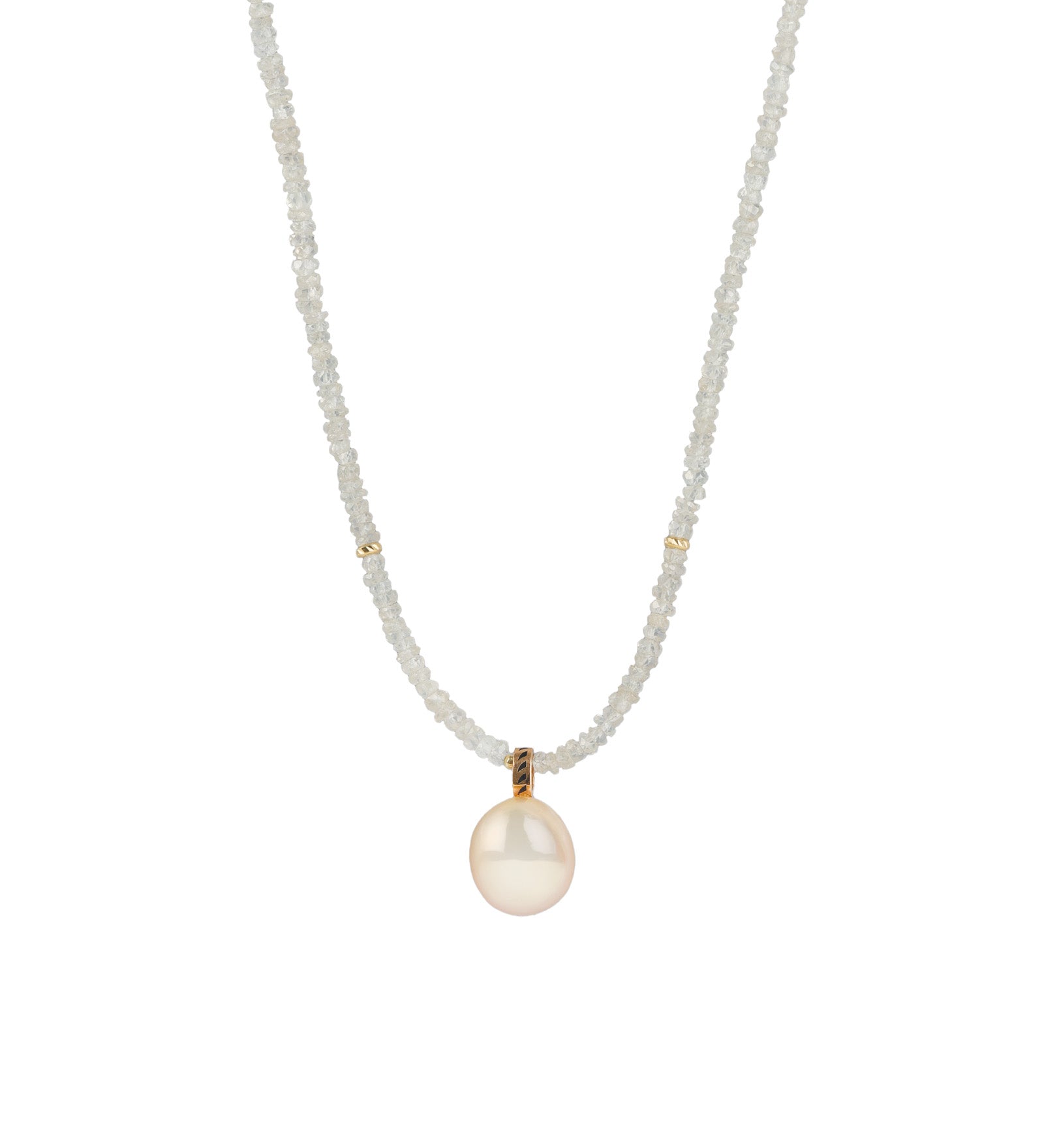 Beaded White Zircon & Pearl Charm Necklace 14k Yellow Gold, White Zircon, White Pearl