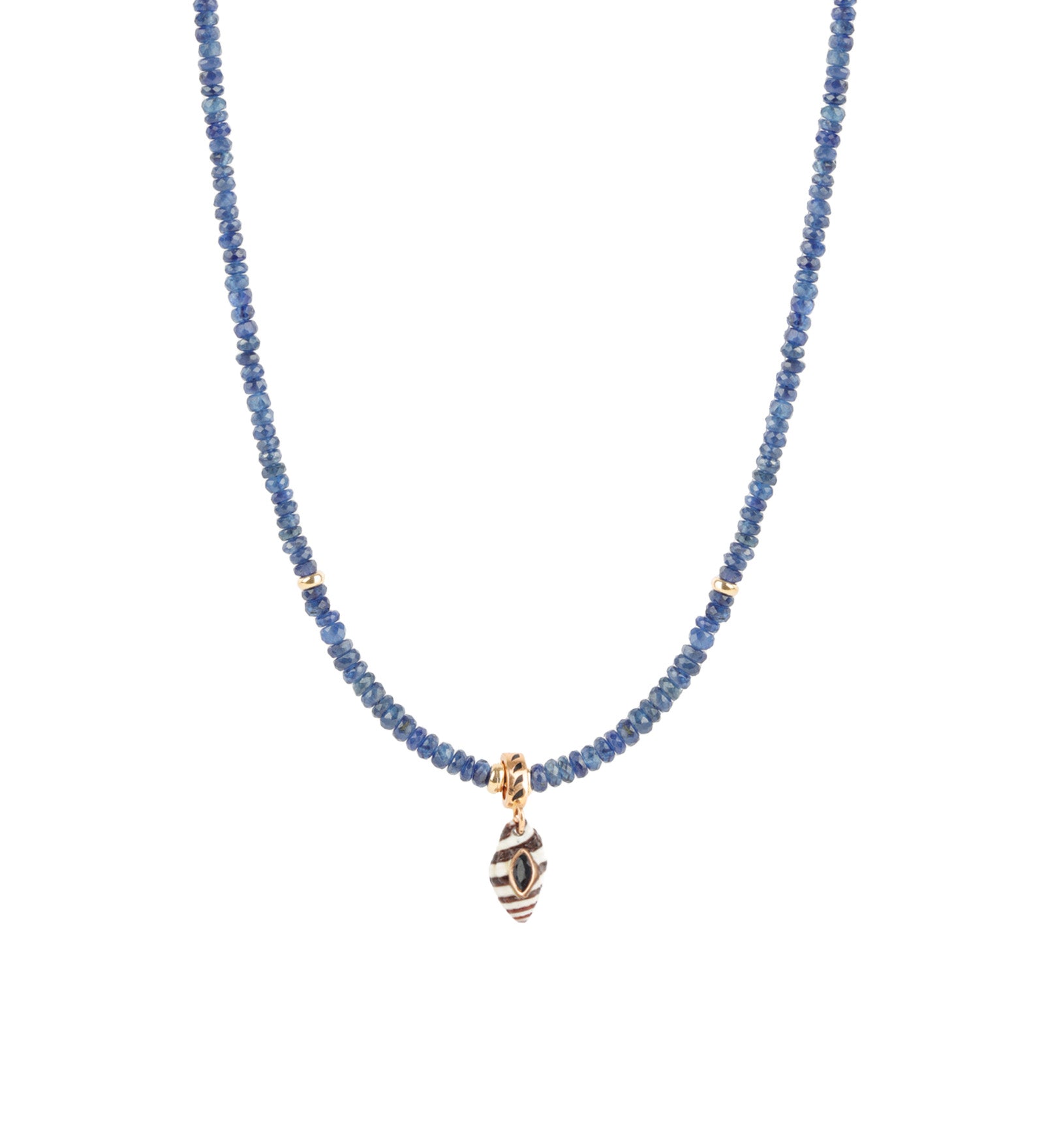 Shell Charm Beaded Necklace 14k Yellow Gold, Blue Sapphire