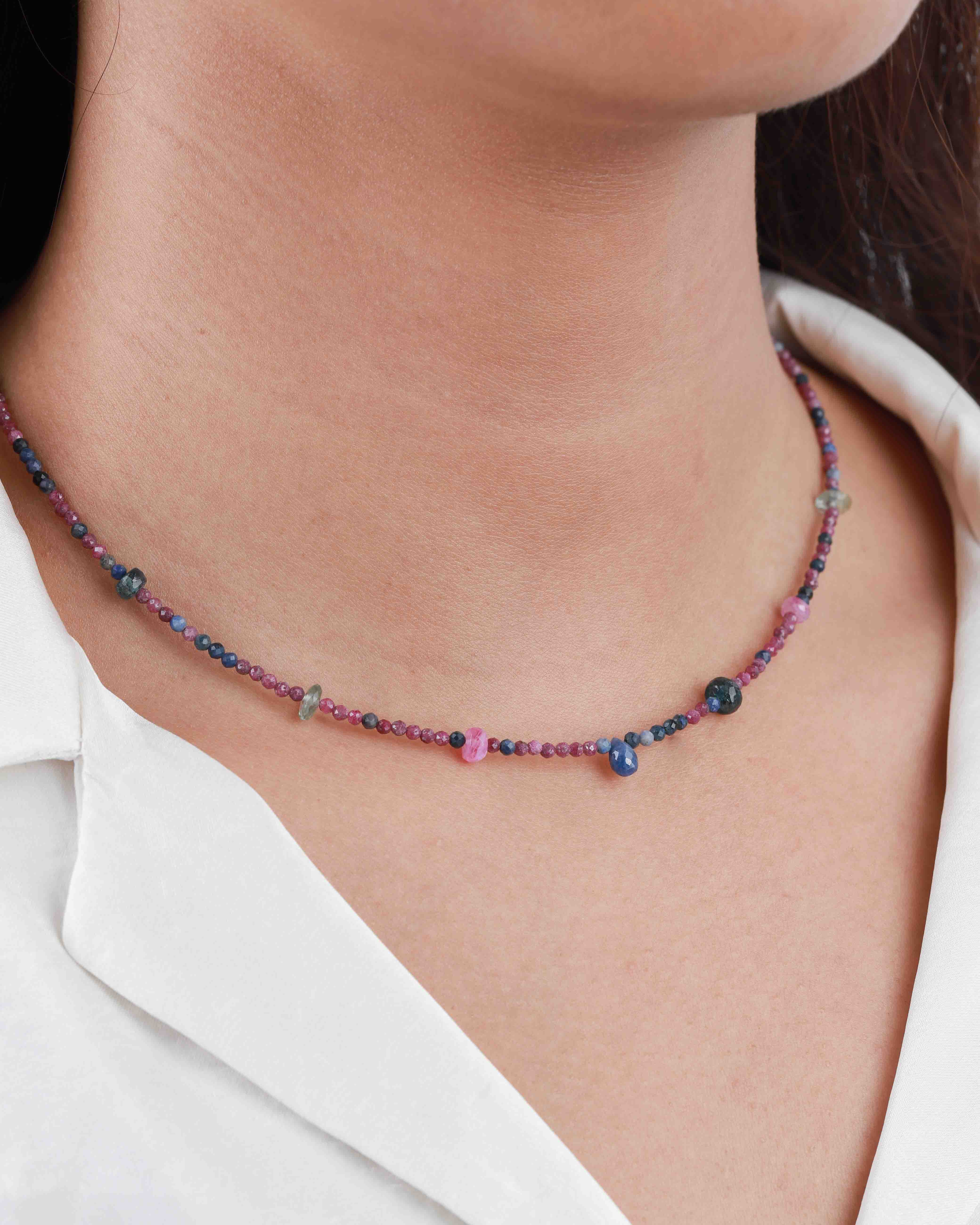Gem Jar-Ruby Sapphire Briolette Mixed Stone Necklace | 2.5mm-Necklaces-Blue Ruby Jewellery-Vancouver Canada