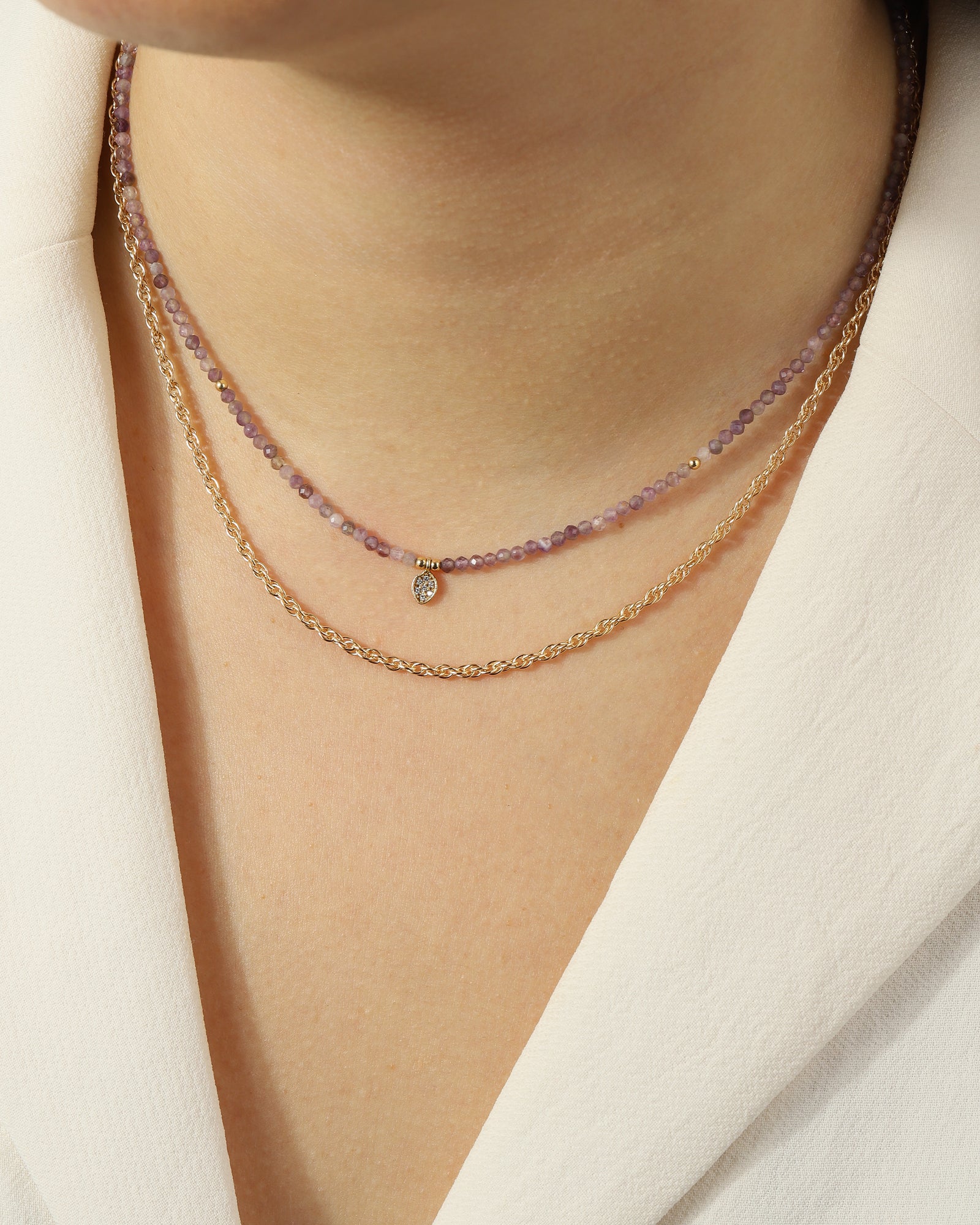 Gem Jar-Amethyst & Pavé CZ Leaf Charm Necklace | 2mm-Necklaces-Blue Ruby Jewellery-Vancouver Canada