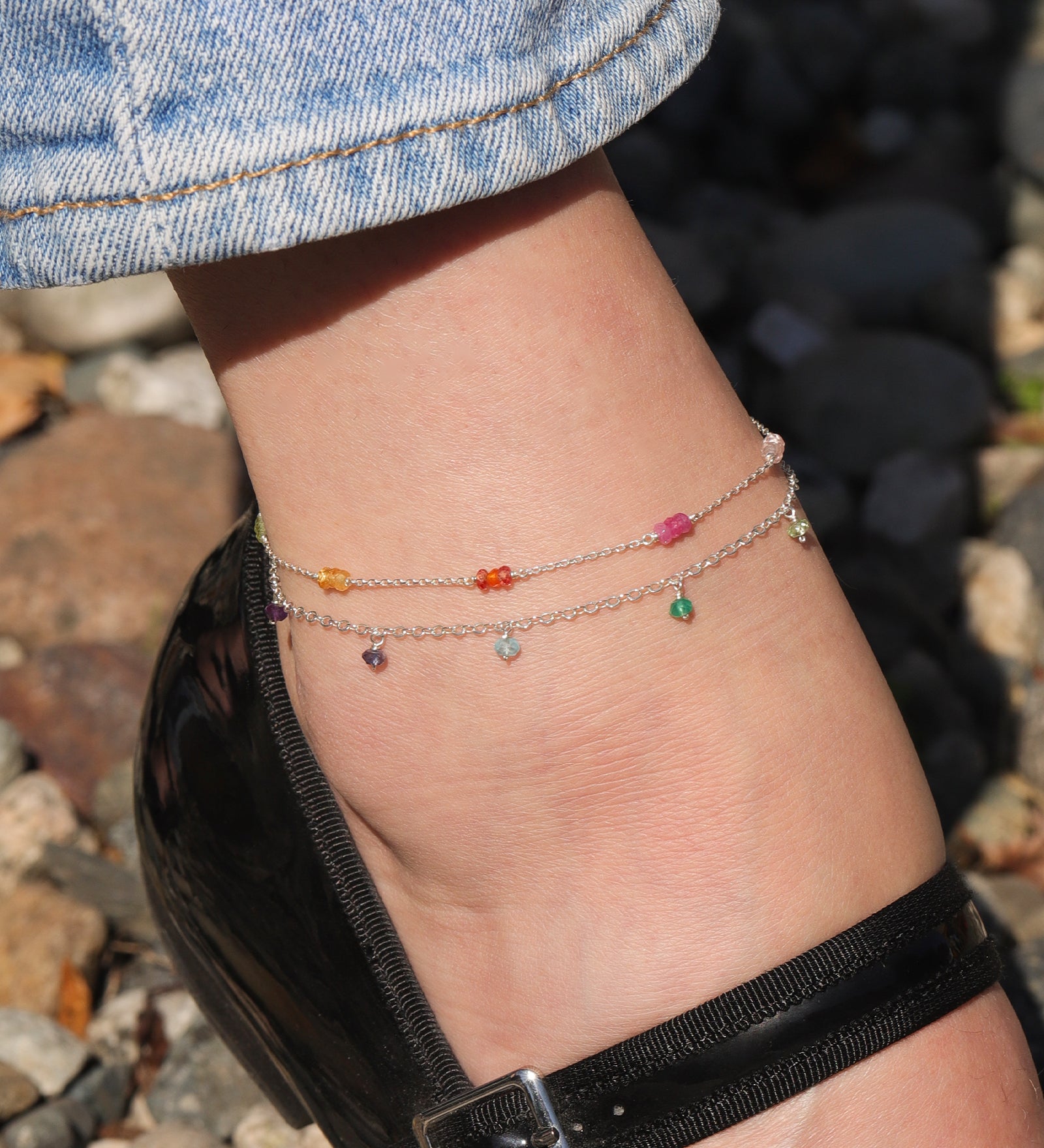 Gem Jar-Trio Station Stone Anklet-Anklets-Sterling Silver, Multi-Blue Ruby Jewellery-Vancouver Canada