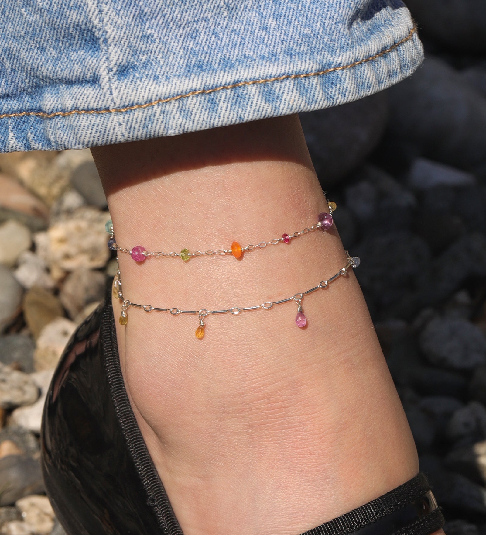 Gem Jar-7 Teardrop Stone Bar Anklet-Anklets-Sterling Silver, Multi-Blue Ruby Jewellery-Vancouver Canada