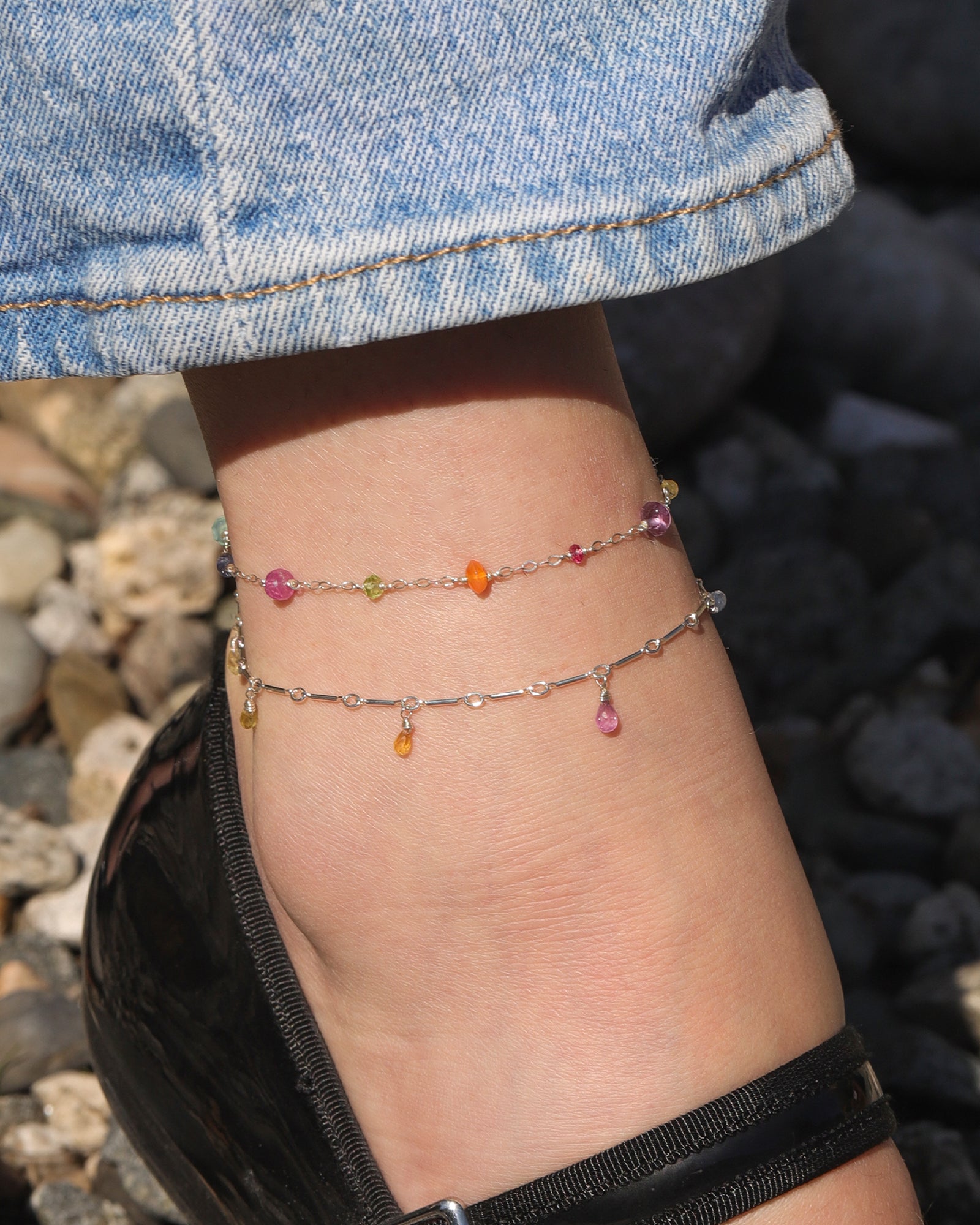 Gem Jar-7 Teardrop Stone Bar Anklet-Anklets-Sterling Silver, Multi-Blue Ruby Jewellery-Vancouver Canada