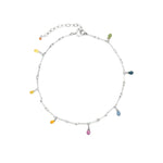 7 Teardrop Stone Bar Anklet Sterling Silver, Multi
