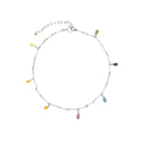 7 Teardrop Stone Bar Anklet Sterling Silver, Multi