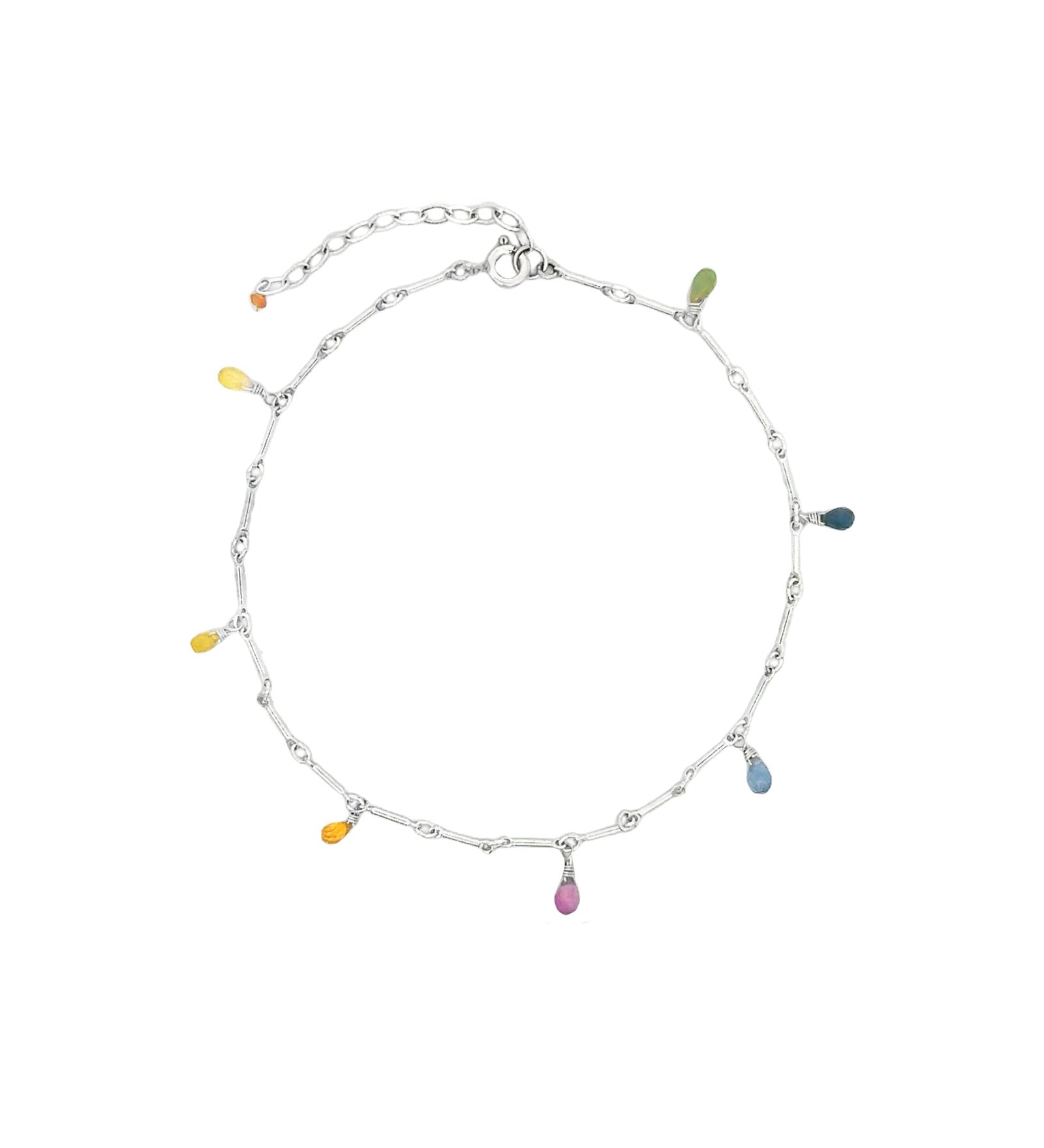 7 Teardrop Stone Bar Anklet Sterling Silver, Multi