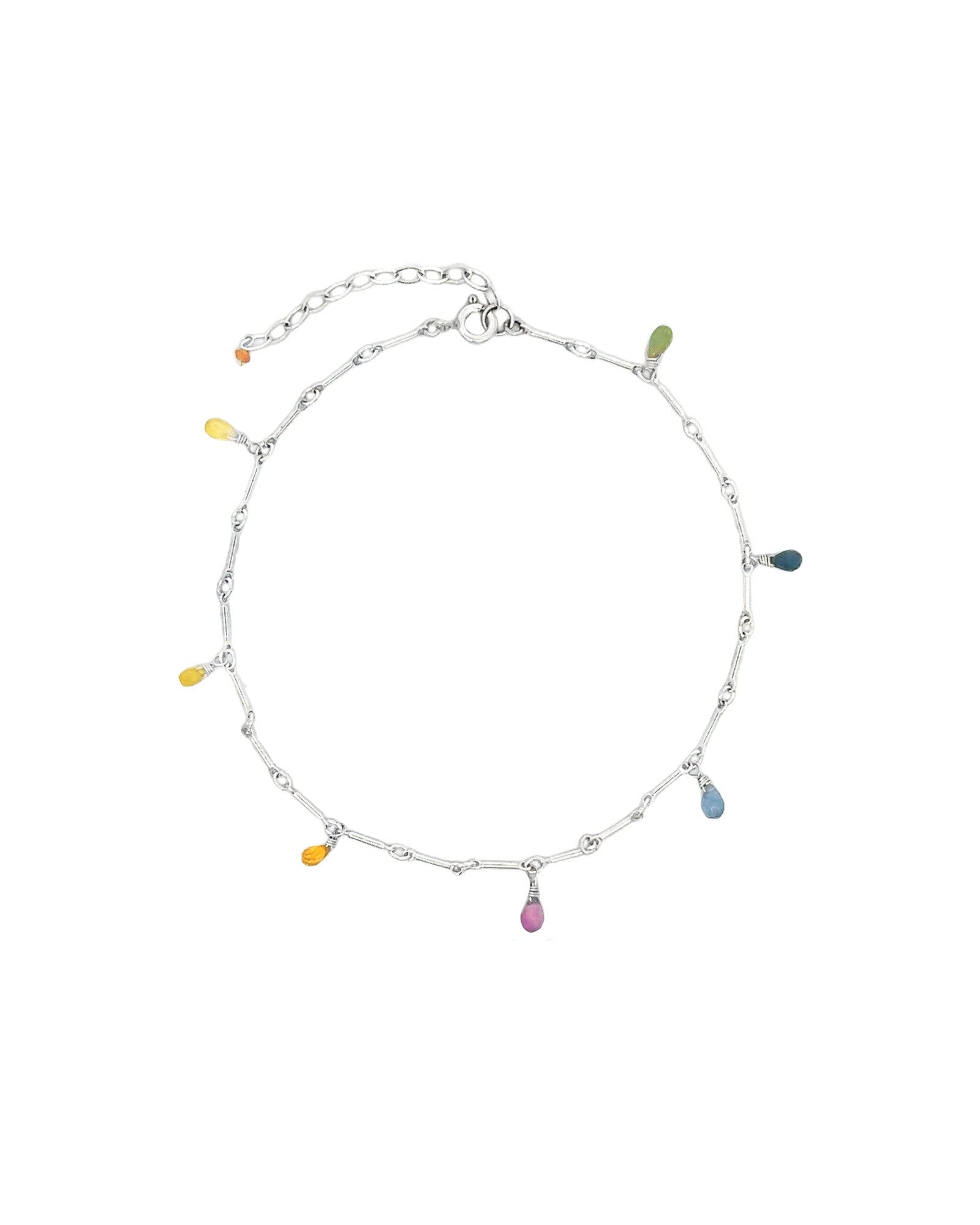 7 Teardrop Stone Bar Anklet Sterling Silver, Multi