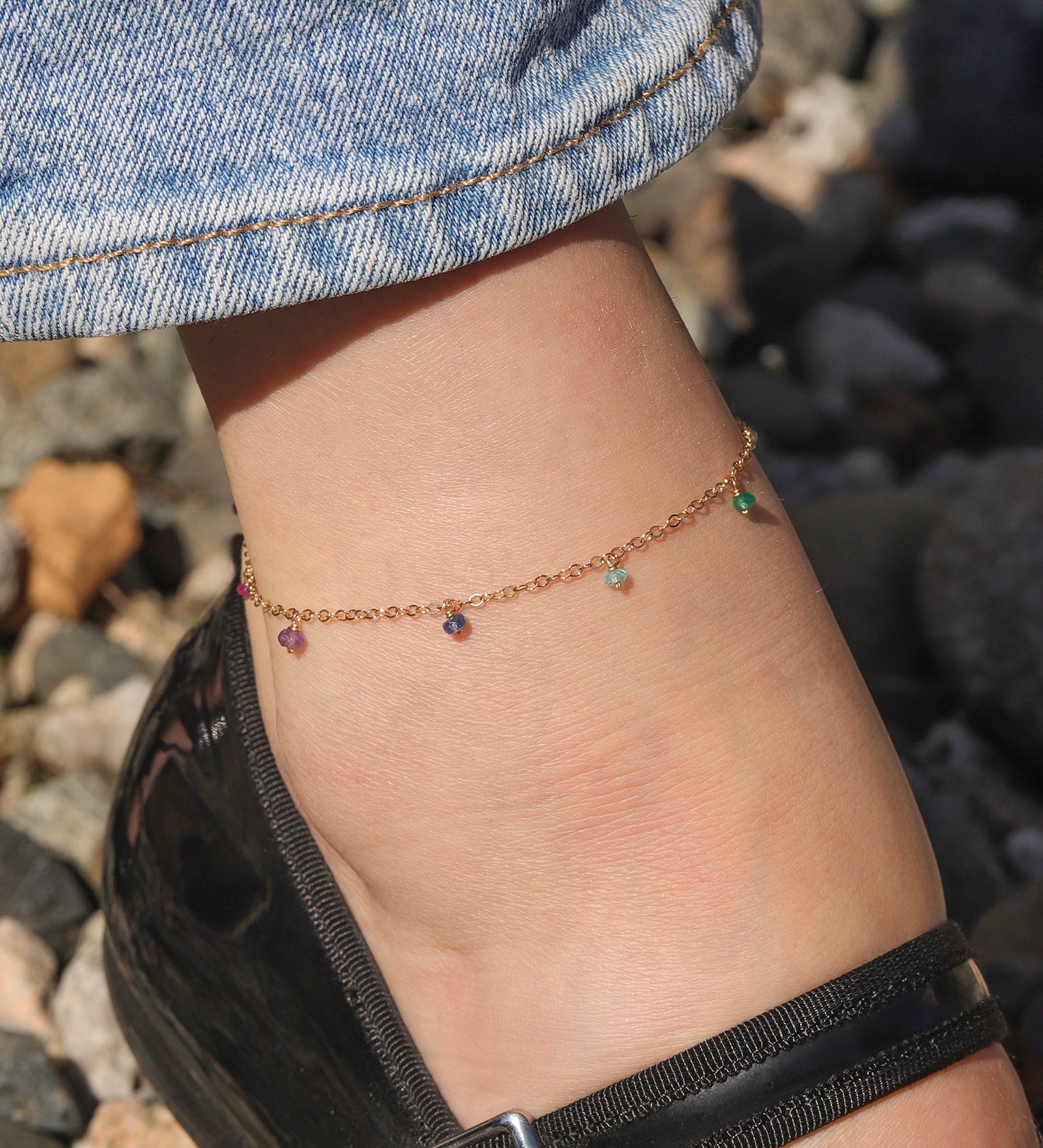Gem Jar-Shaker Mixed Stone Anklet-Anklets-14k Gold Filled, Multi-Blue Ruby Jewellery-Vancouver Canada
