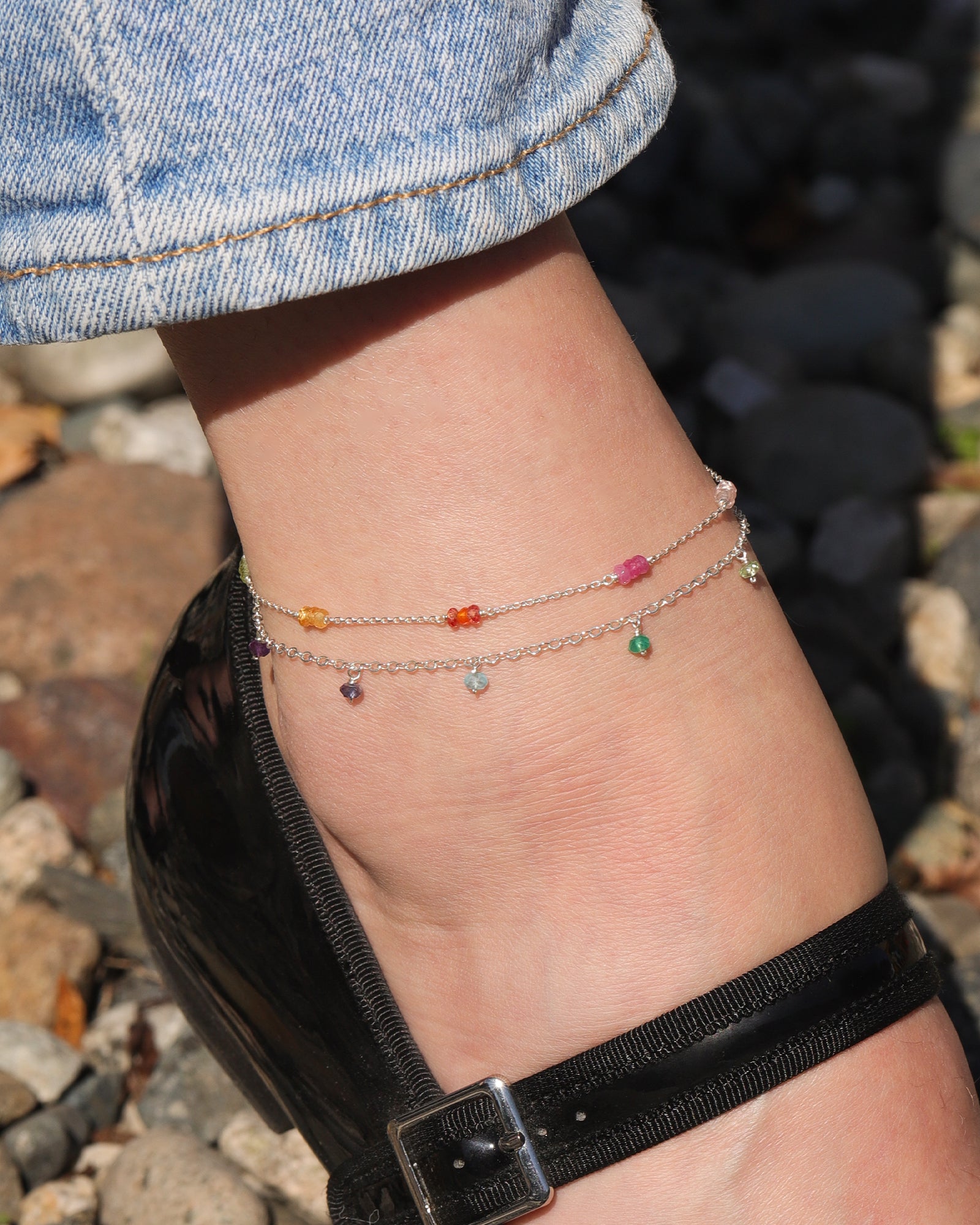 Gem Jar-Shaker Mixed Stone Anklet-Anklets-Sterling Silver, Multi-Blue Ruby Jewellery-Vancouver Canada