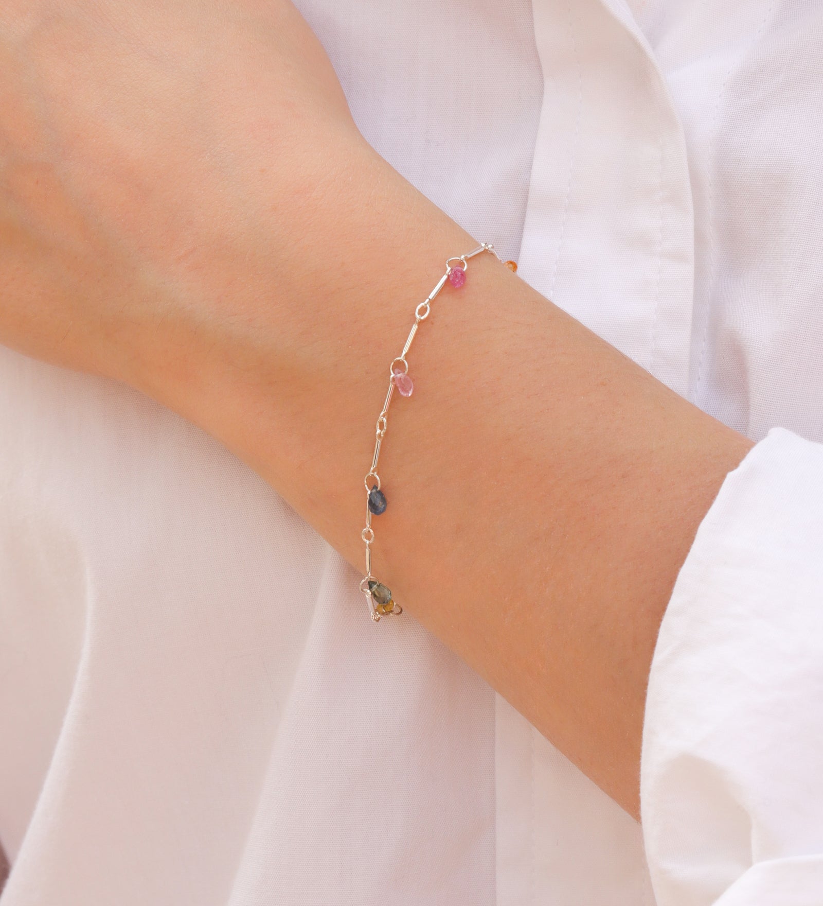 7 Teardrop Stone Bar Bracelet Sterling Silver, Multi