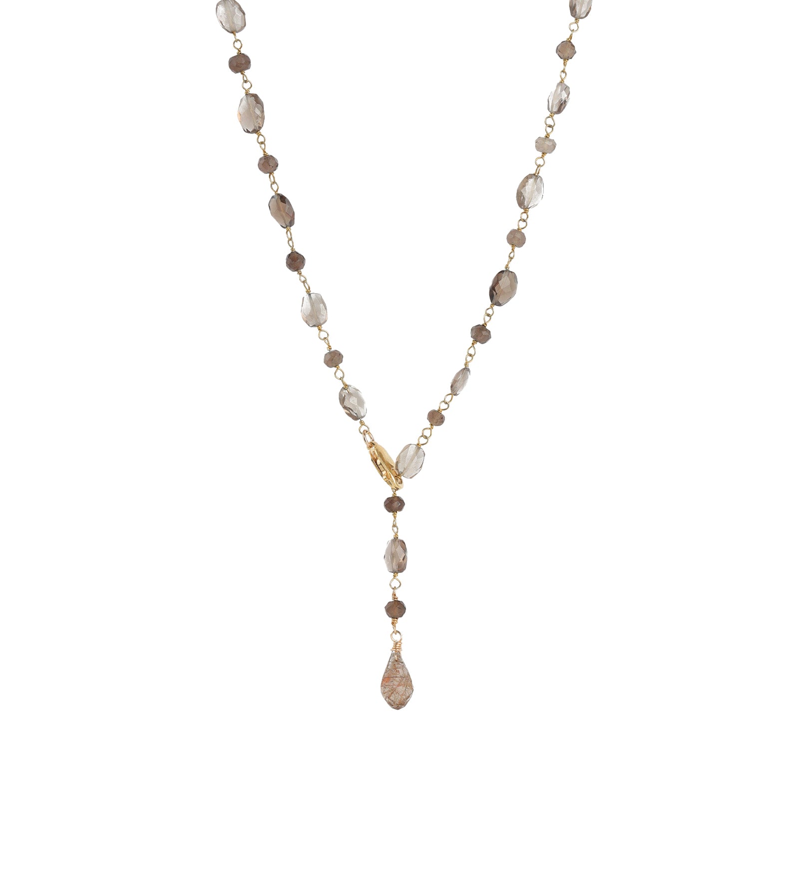 Gemstone Chain Lariat Necklace 14k Gold Vermeil, Smoky Quartz