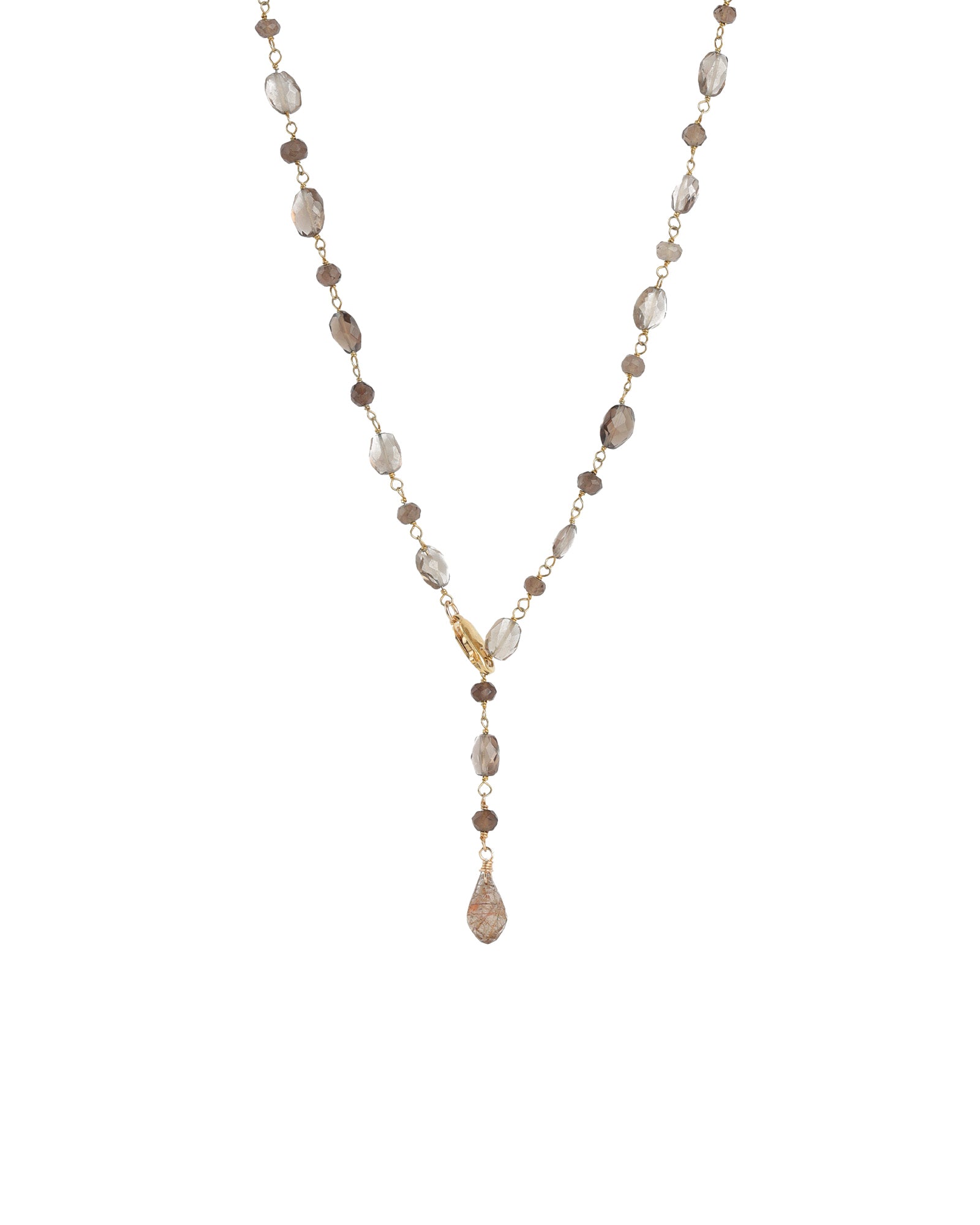 Gemstone Chain Lariat Necklace 14k Gold Vermeil, Smoky Quartz