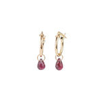 Floating Teardrop Ruby Drop Huggies 14k Gold Filled, Rhodolite Garnet