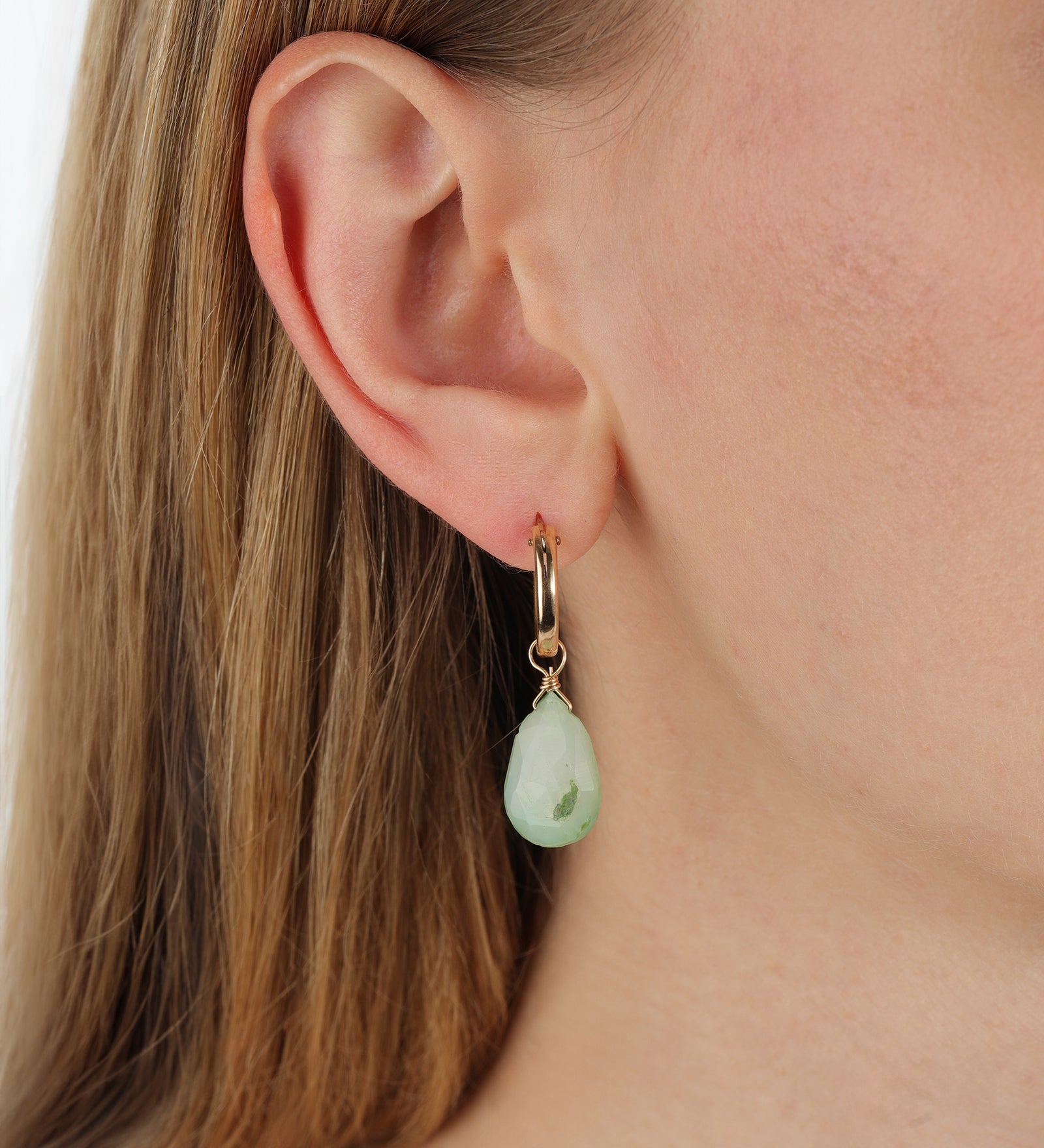 Gem Jar-Pear Green Opal Drop Huggies-Earrings-Blue Ruby Jewellery-Vancouver Canada