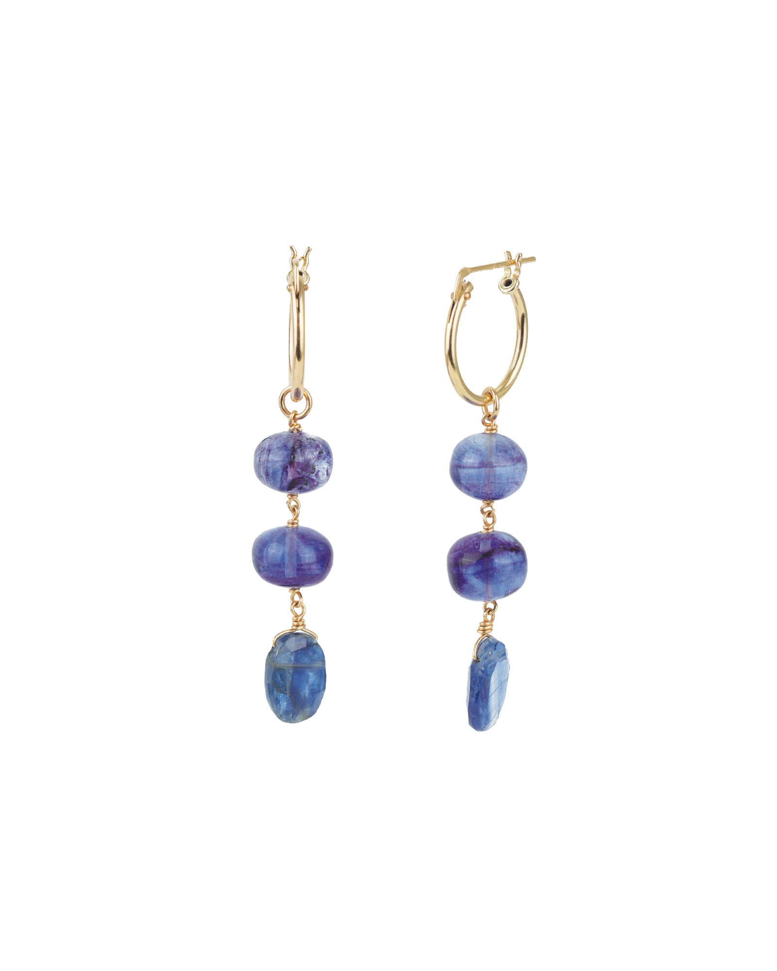 Gem Jar-Three Mix Stone Drop Huggies-Earrings-14k Gold Filled, Purple Fluorite, Blue Kyanite-Blue Ruby Jewellery-Vancouver Canada