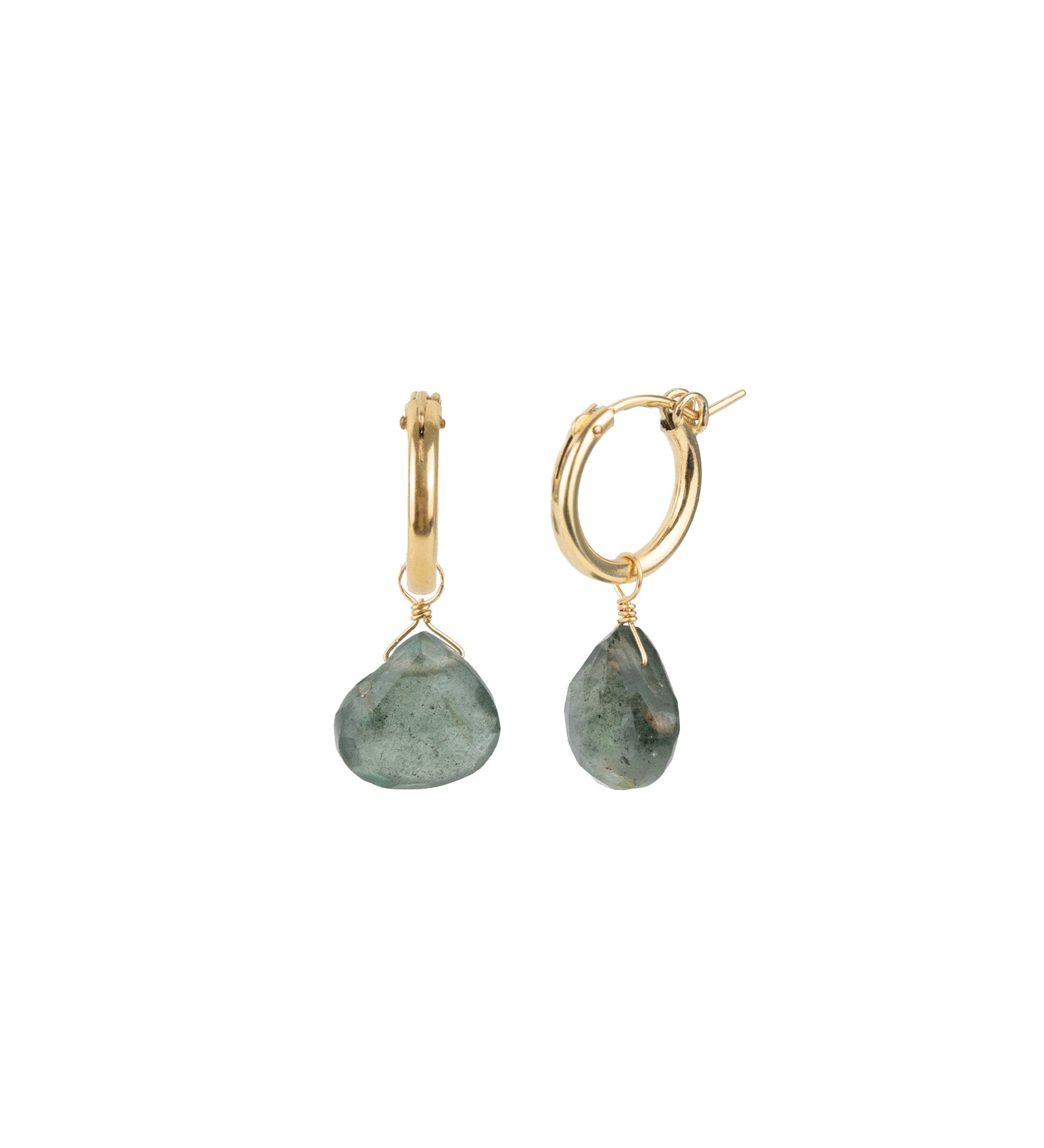 Heart Stone  Huggies | 15mm 14k Gold Filled, Moss Aquamarine