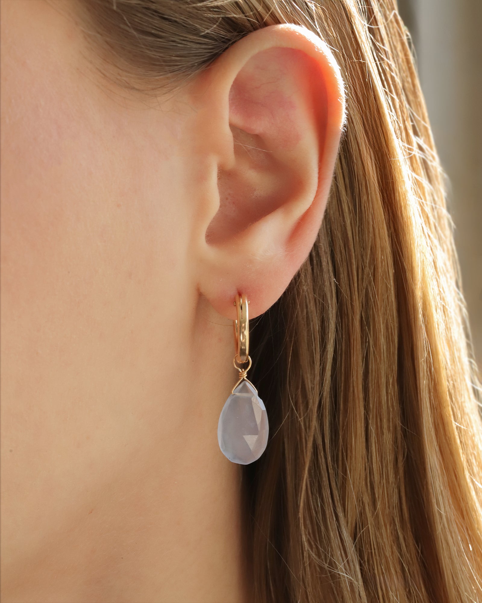Pear Stone Drop Huggies 14k Gold Filled, Blue Chalcedony