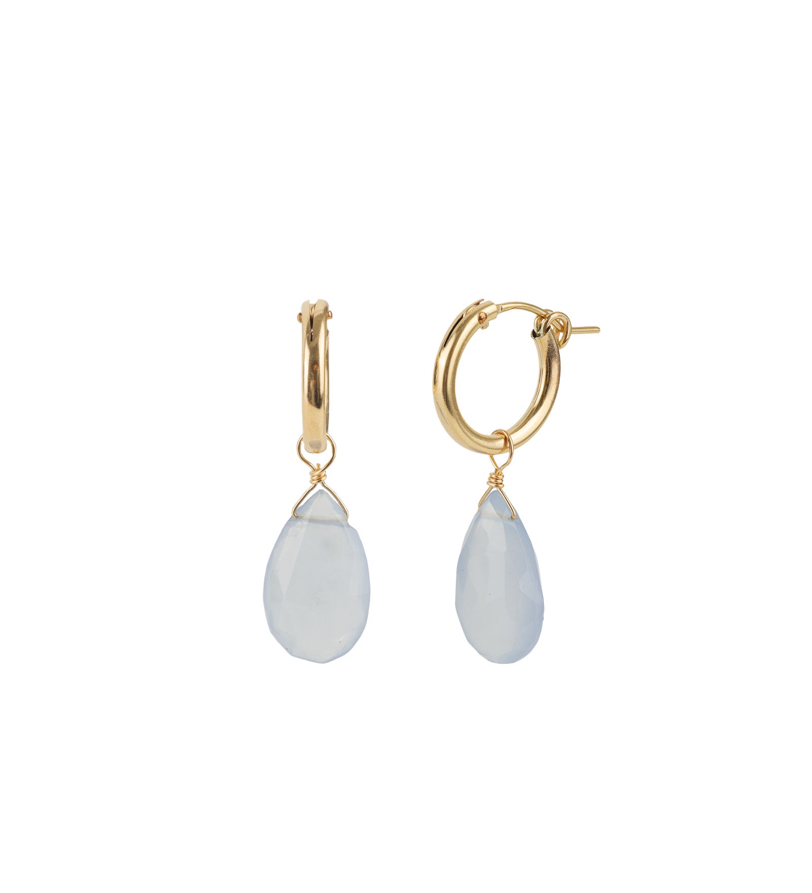 Pear Stone Drop Huggies 14k Gold Filled, Blue Chalcedony