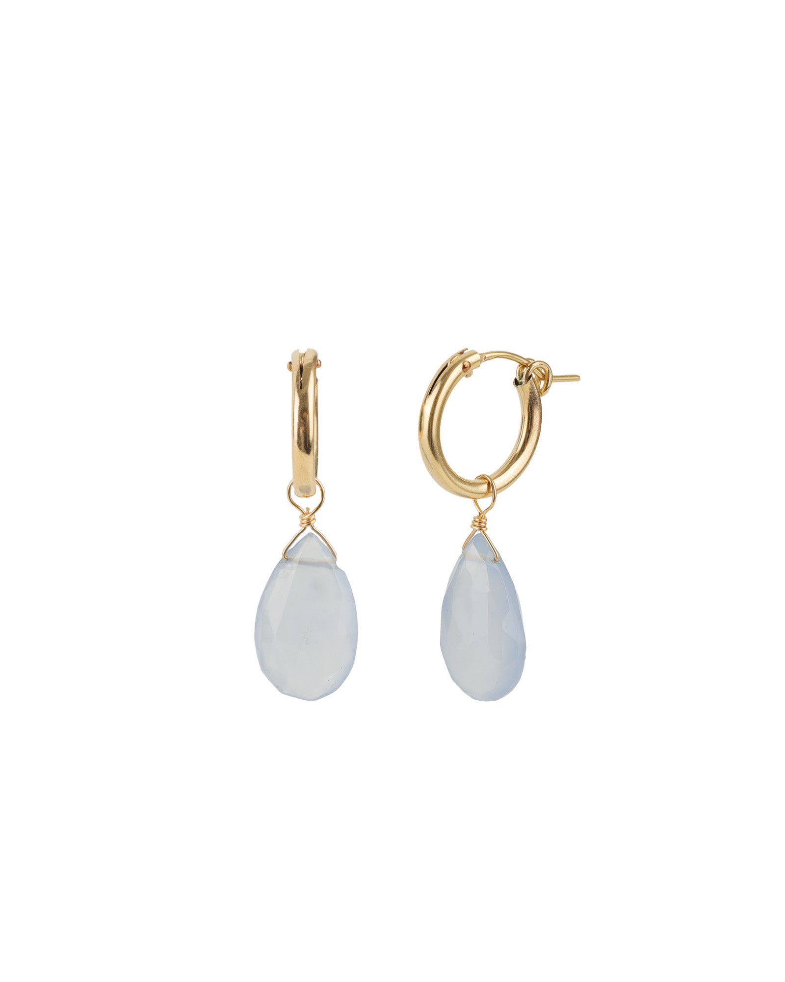 Pear Stone Drop Huggies 14k Gold Filled, Blue Chalcedony