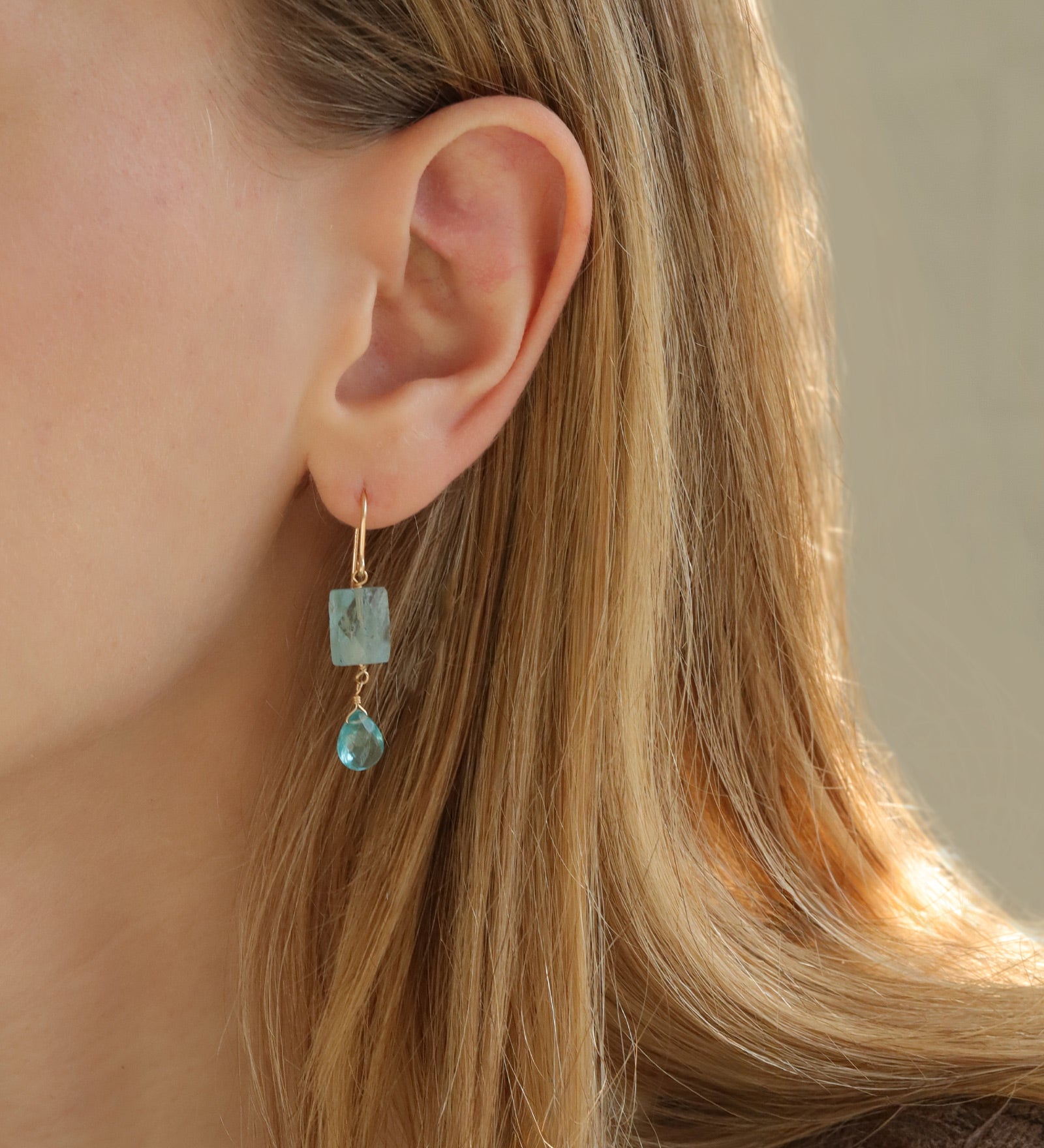 Rectangle + Teardrop Stone Drop Hooks 14k Gold Filled, Aquamarine, Apatite