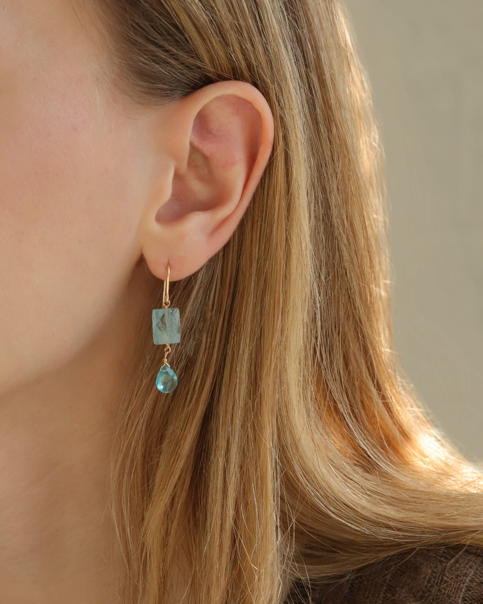 Rectangle + Teardrop Stone Drop Hooks 14k Gold Filled, Aquamarine, Apatite