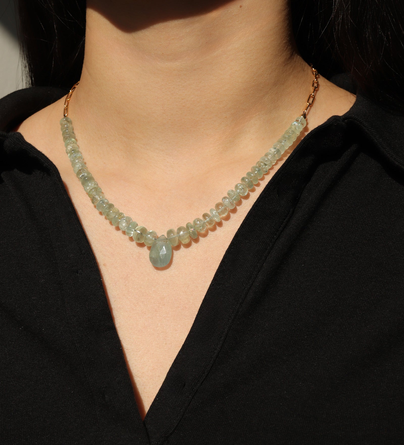 Gradual Aquamarine Pear Drop Paperclip Necklace 14k Gold Filled, Aquamarine