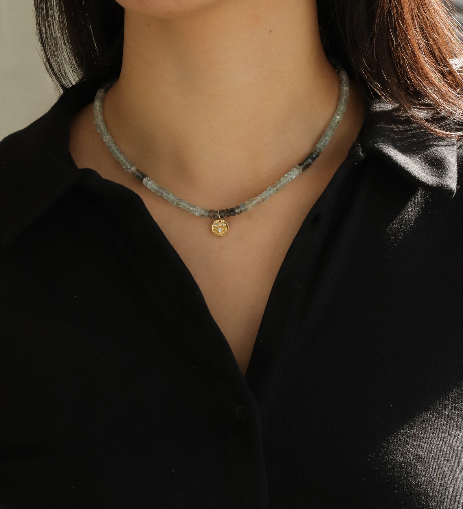 Evil Eye Disc Charm Aquamarine Stone Necklace | 5mm 14k Gold Filled, Aquamarine, Cubic Zirconia