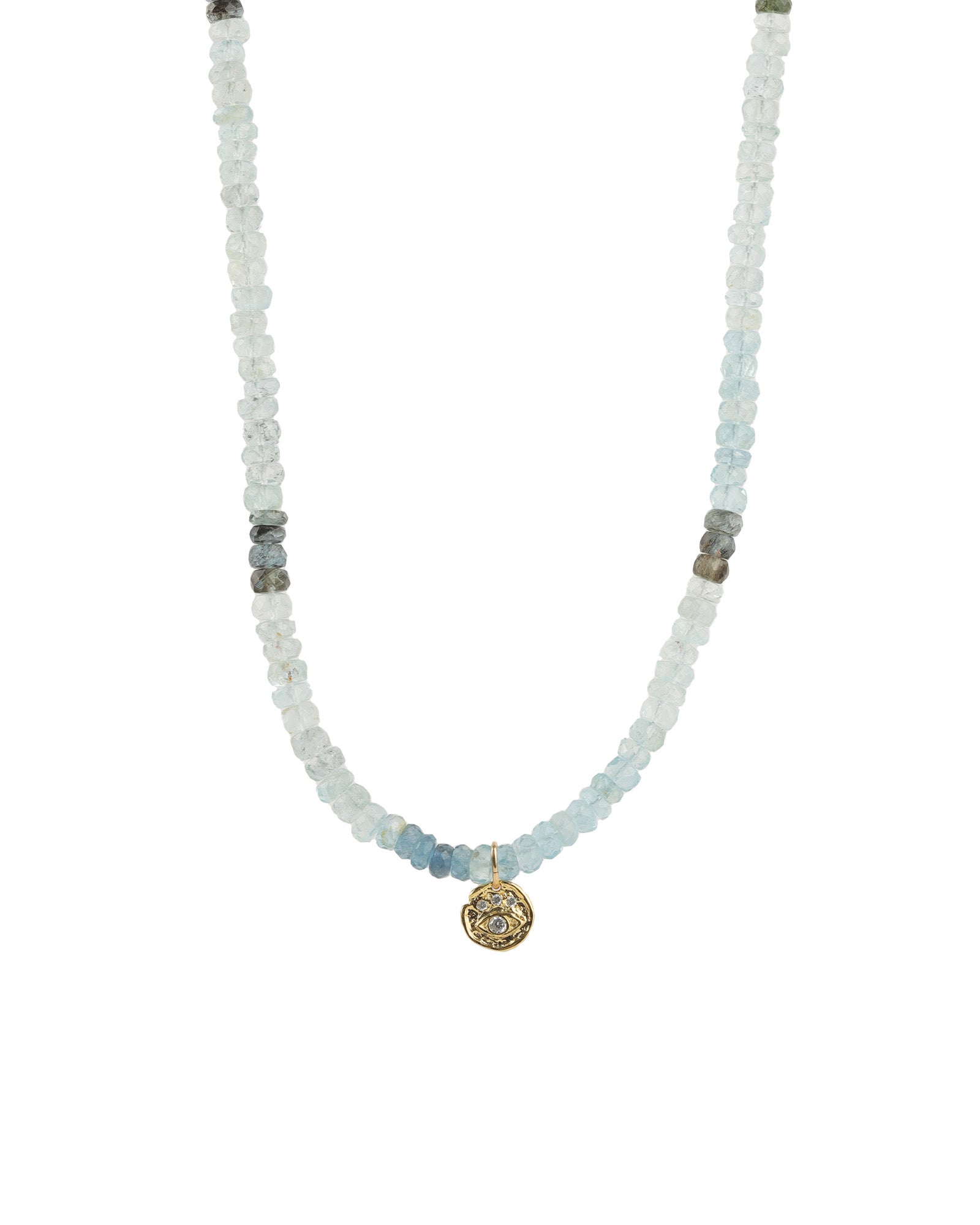 Evil Eye Disc Charm Aquamarine Stone Necklace | 5mm 14k Gold Filled, Aquamarine, Cubic Zirconia