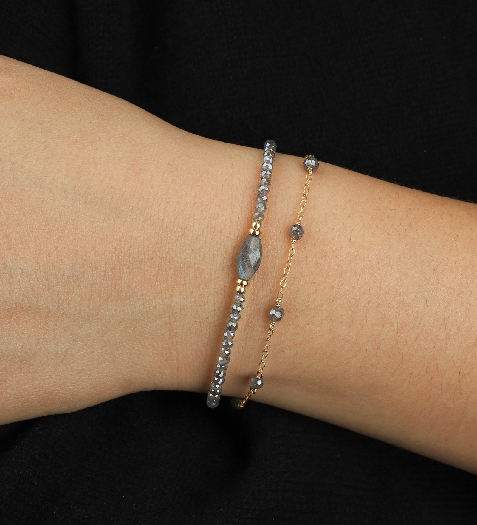 Beaded Labradorite Station Bracelet 14k Gold Filled, Labradorite