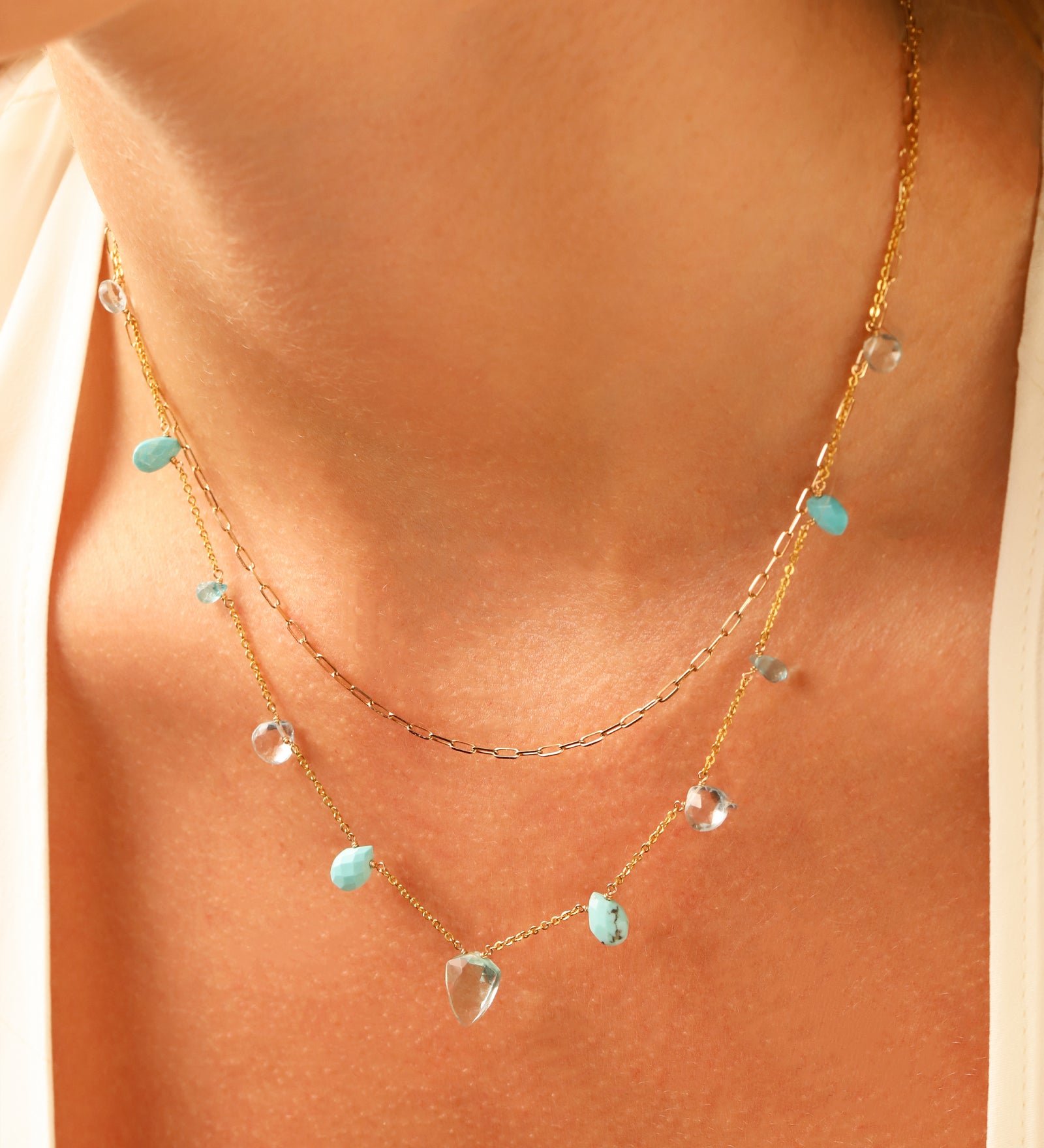 Mixed Teardrop Stone Station Necklace 14k Gold Filled, Turquoise, Aquamarine