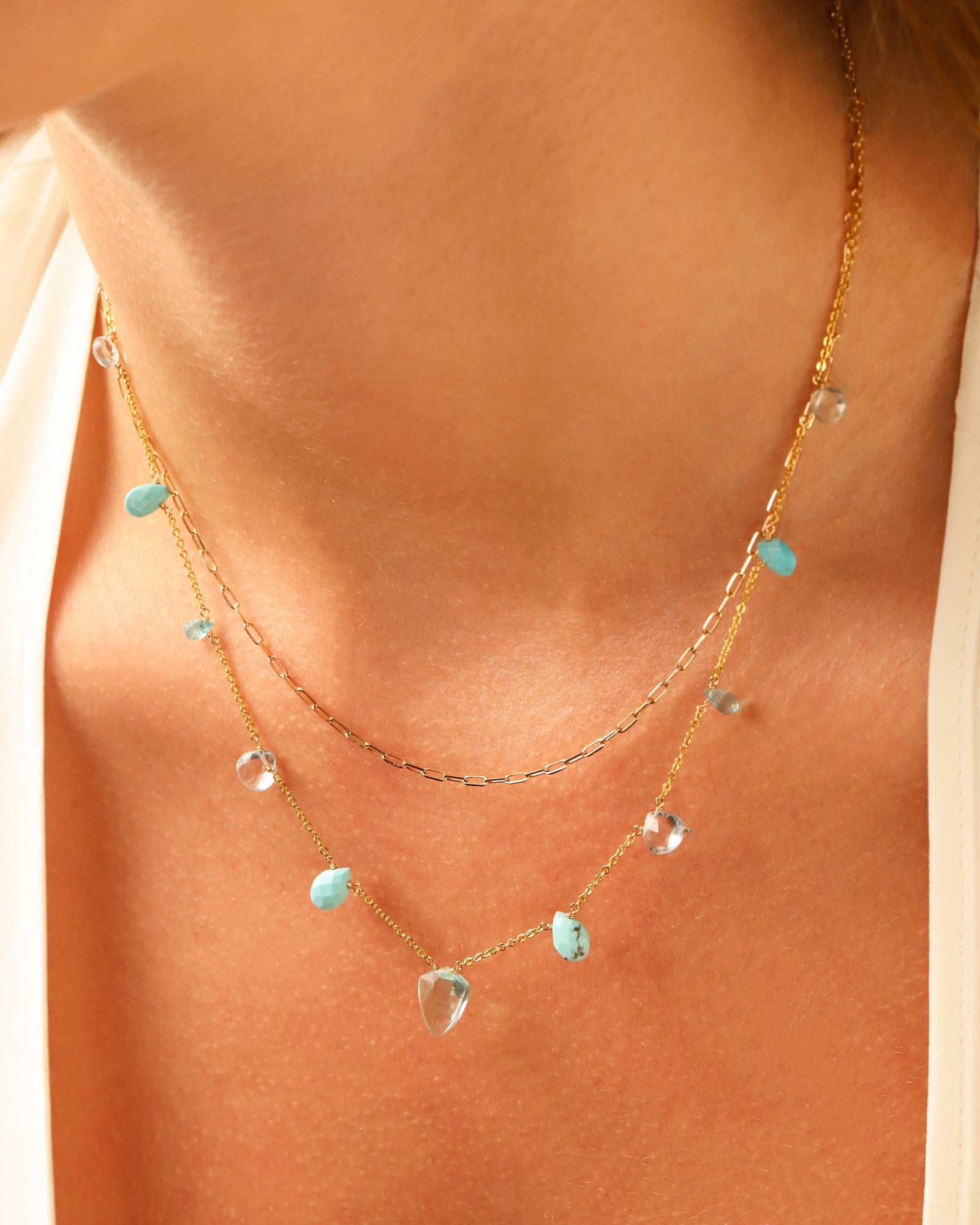Mixed Teardrop Stone Station Necklace 14k Gold Filled, Turquoise, Aquamarine
