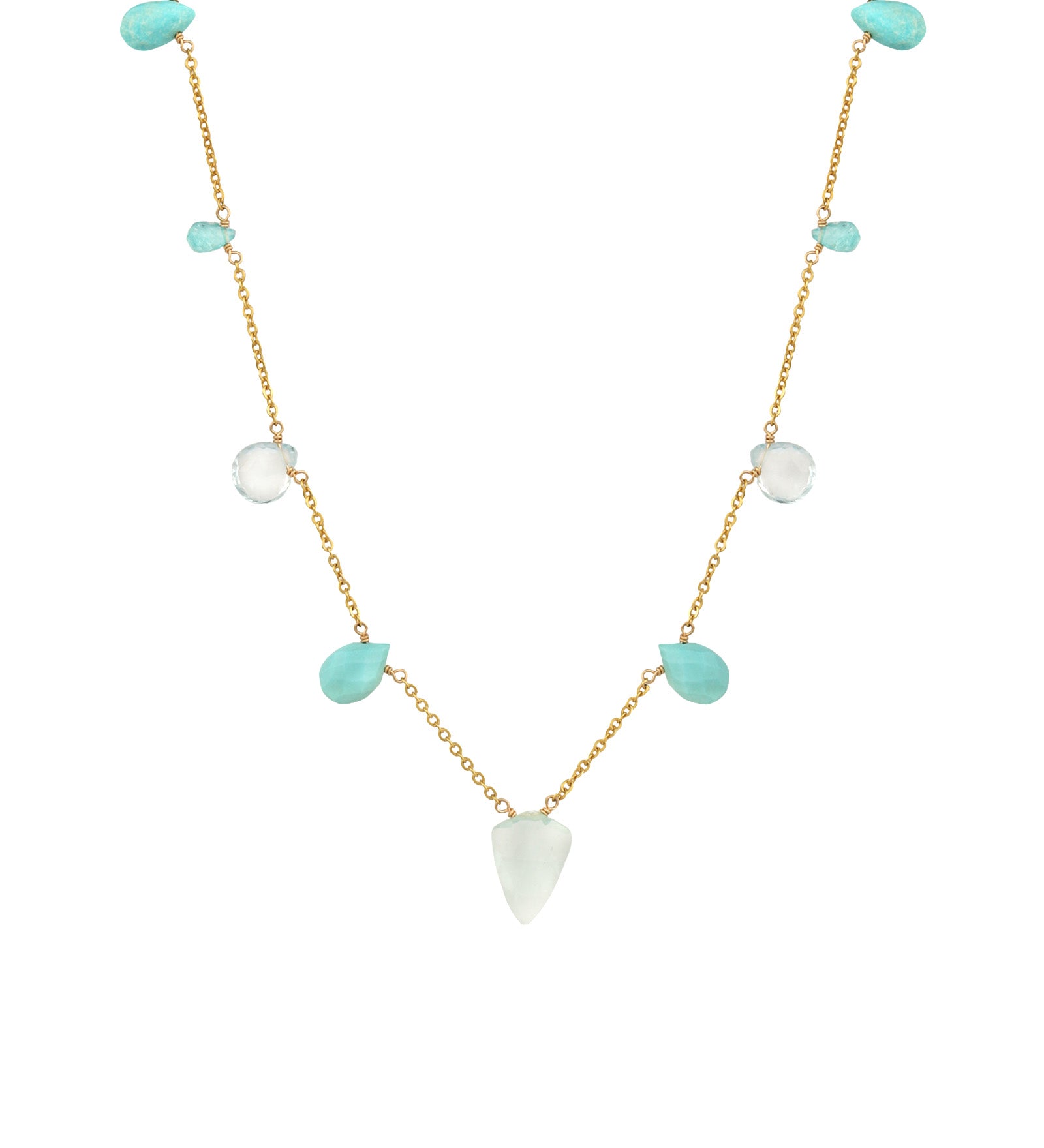 Mixed Teardrop Stone Station Necklace 14k Gold Filled, Turquoise, Aquamarine