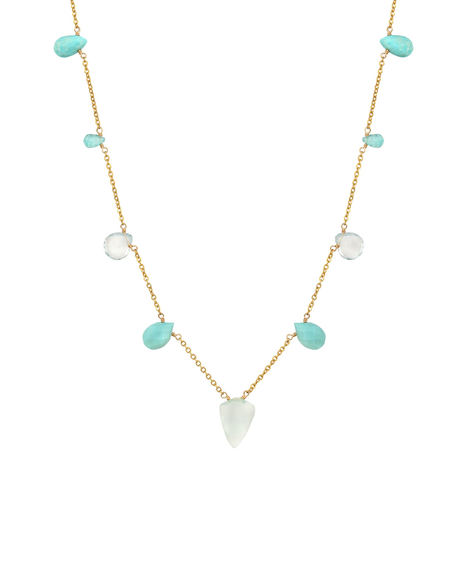 Mixed Teardrop Stone Station Necklace 14k Gold Filled, Turquoise, Aquamarine