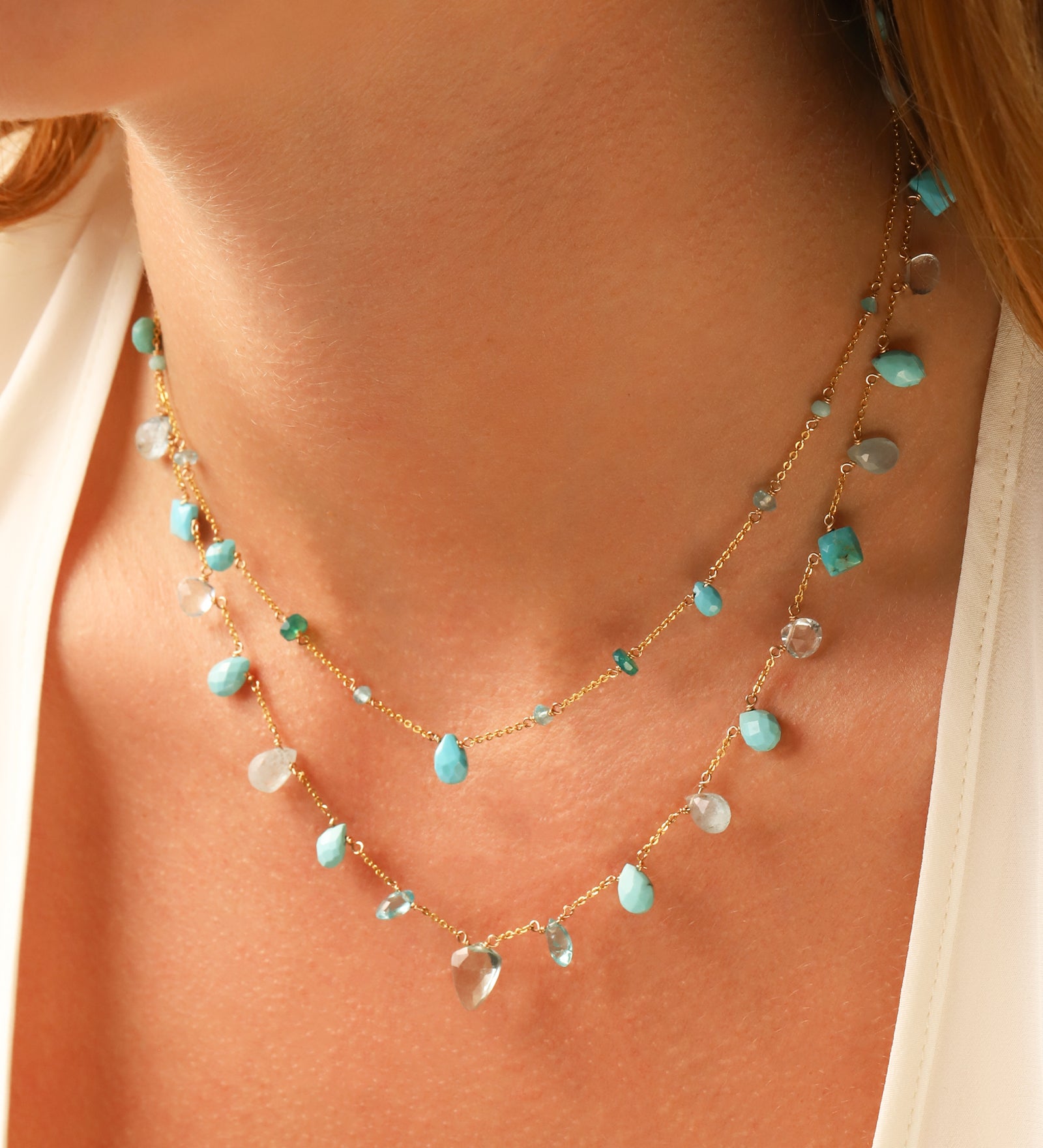 Bold Mixed Stone Station Necklace 14k Gold Filled, Apatite, Amazonite