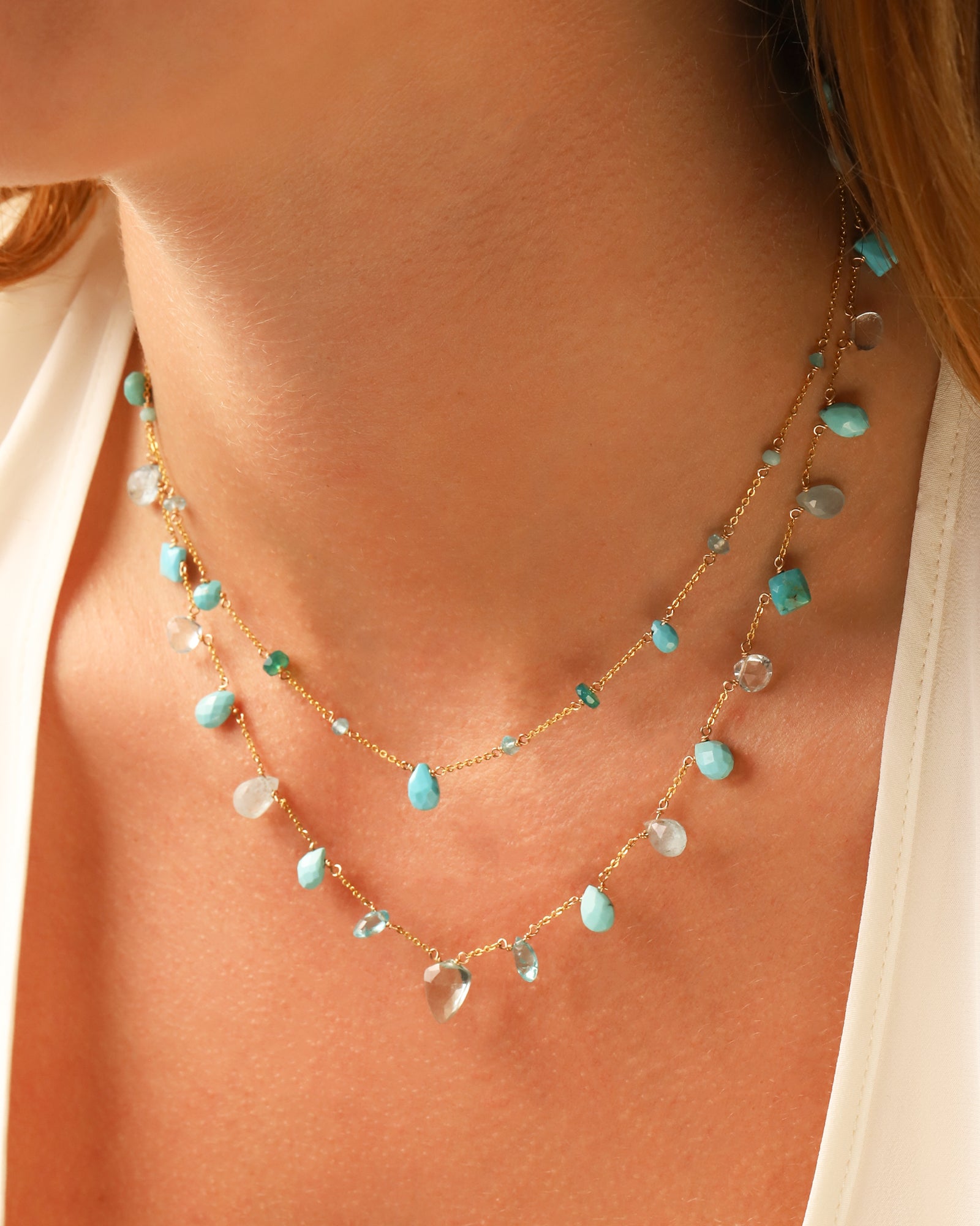 Bold Mixed Stone Station Necklace 14k Gold Filled, Apatite, Amazonite