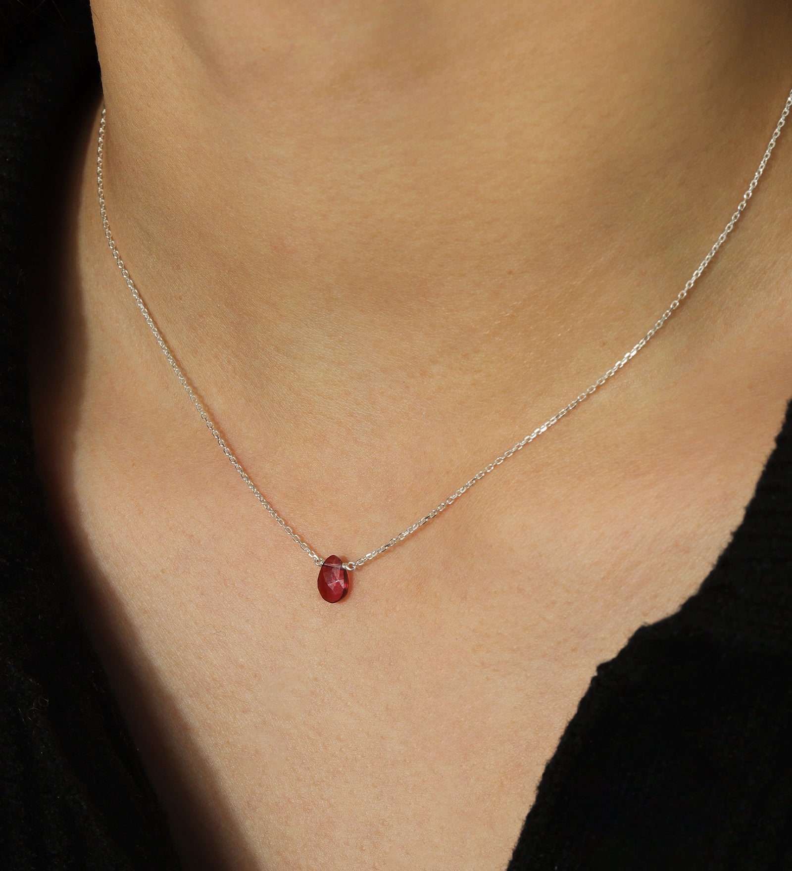 Stoned by Gem Jar-Pear Stone Cable Necklace-Necklaces-Sterling Silver, Garnet-Blue Ruby Jewellery-Vancouver Canada