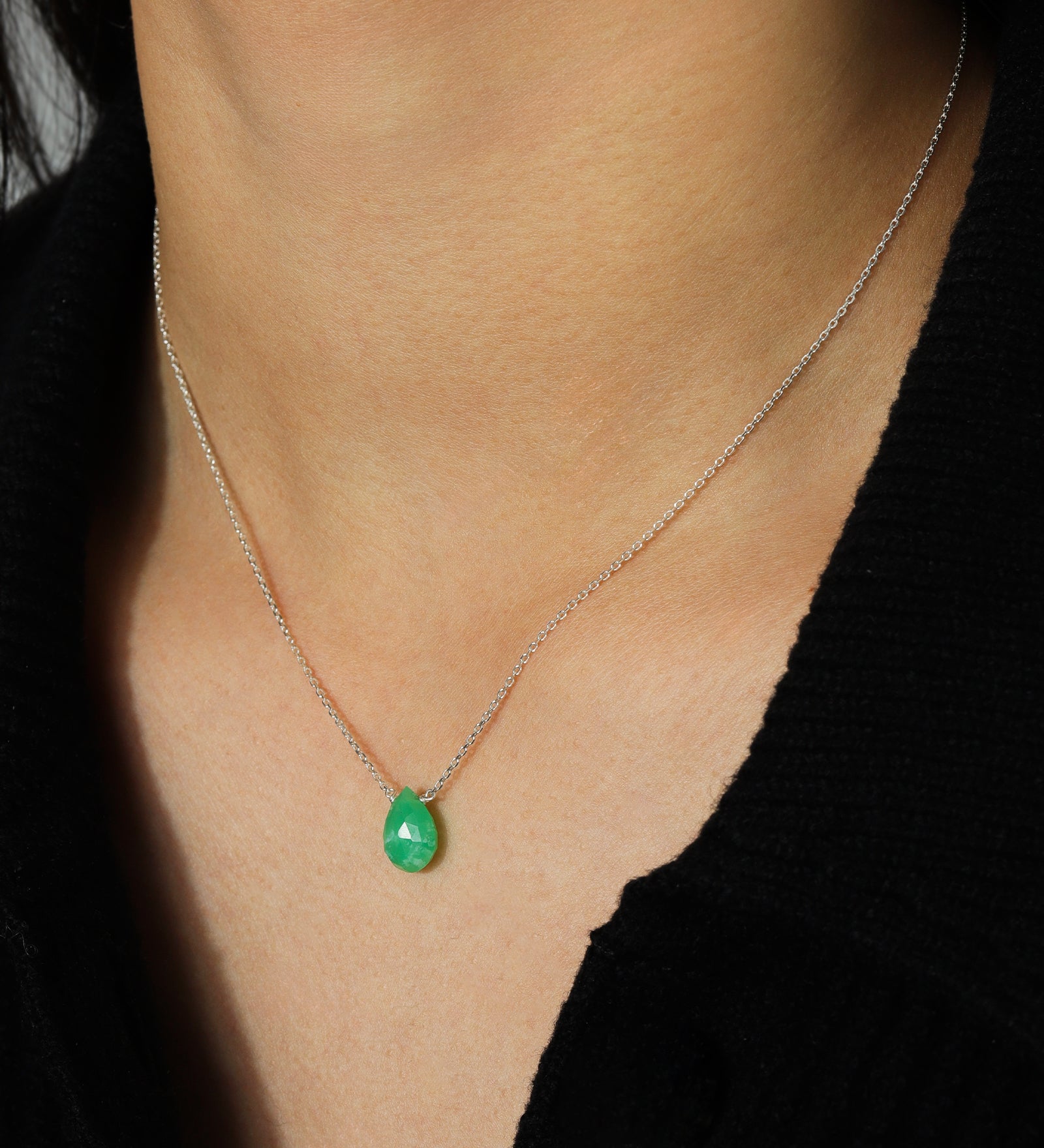 Stoned by Gem Jar-Pear Stone Cable Necklace-Necklaces-Sterling Silver, Chrysoprase-Blue Ruby Jewellery-Vancouver Canada