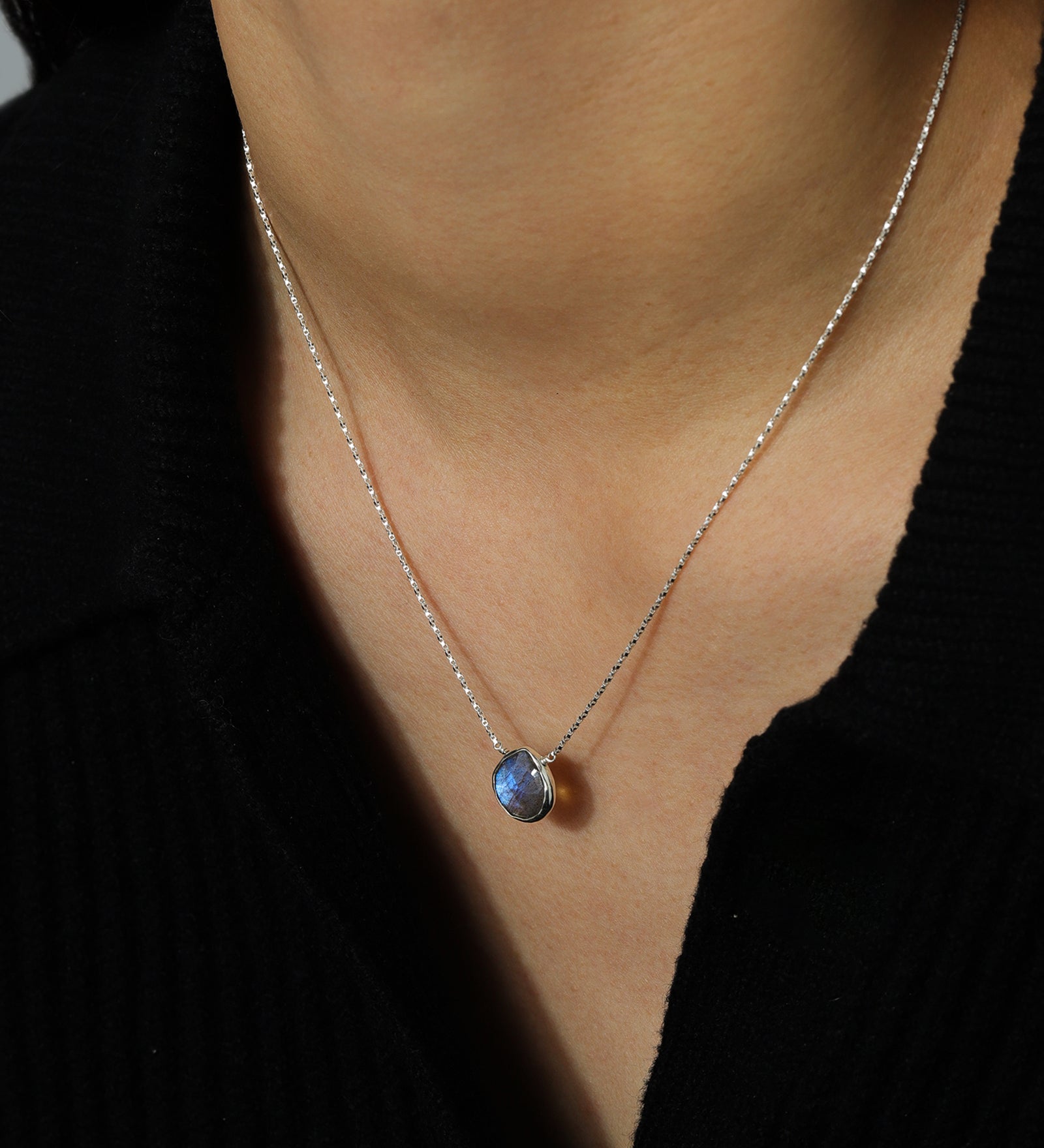 Stoned by Gem Jar-Heart Bezel Stone Box Chain Necklace-Necklaces-Sterling Silver, Labradorite-Blue Ruby Jewellery-Vancouver Canada