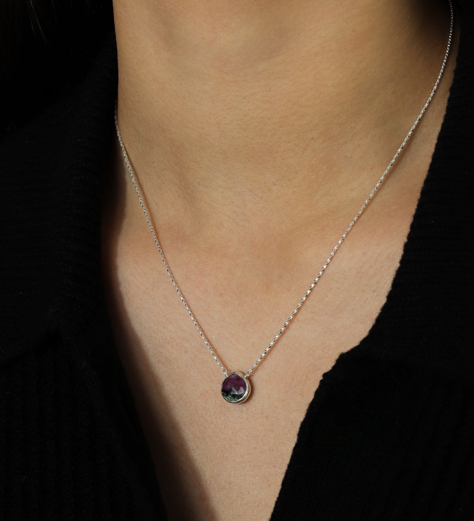 Stoned by Gem Jar-Heart Bezel Stone Box Chain Necklace-Necklaces-Sterling Silver, Ruby Zoisite-Blue Ruby Jewellery-Vancouver Canada