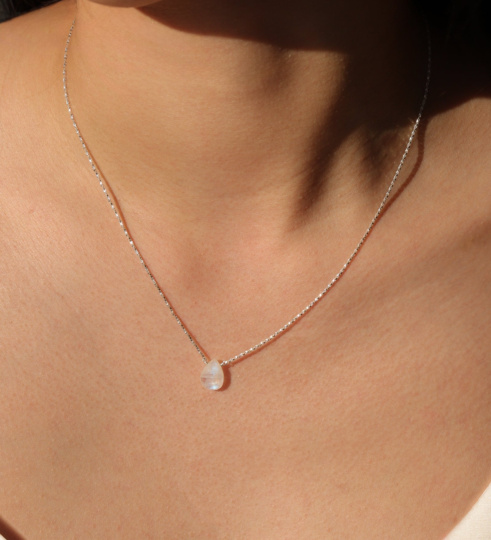 Stoned By Gem Jar-Rainbow Moonstone Pear Box Chain Necklace-Necklaces-Blue Ruby Jewellery-Vancouver Canada