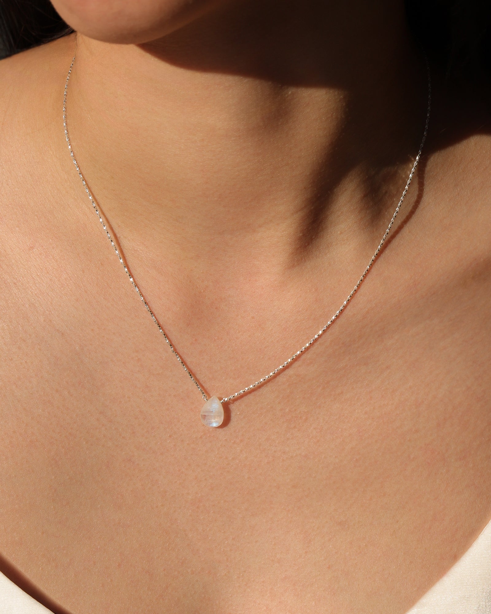 Stoned By Gem Jar-Rainbow Moonstone Pear Box Chain Necklace-Necklaces-Blue Ruby Jewellery-Vancouver Canada
