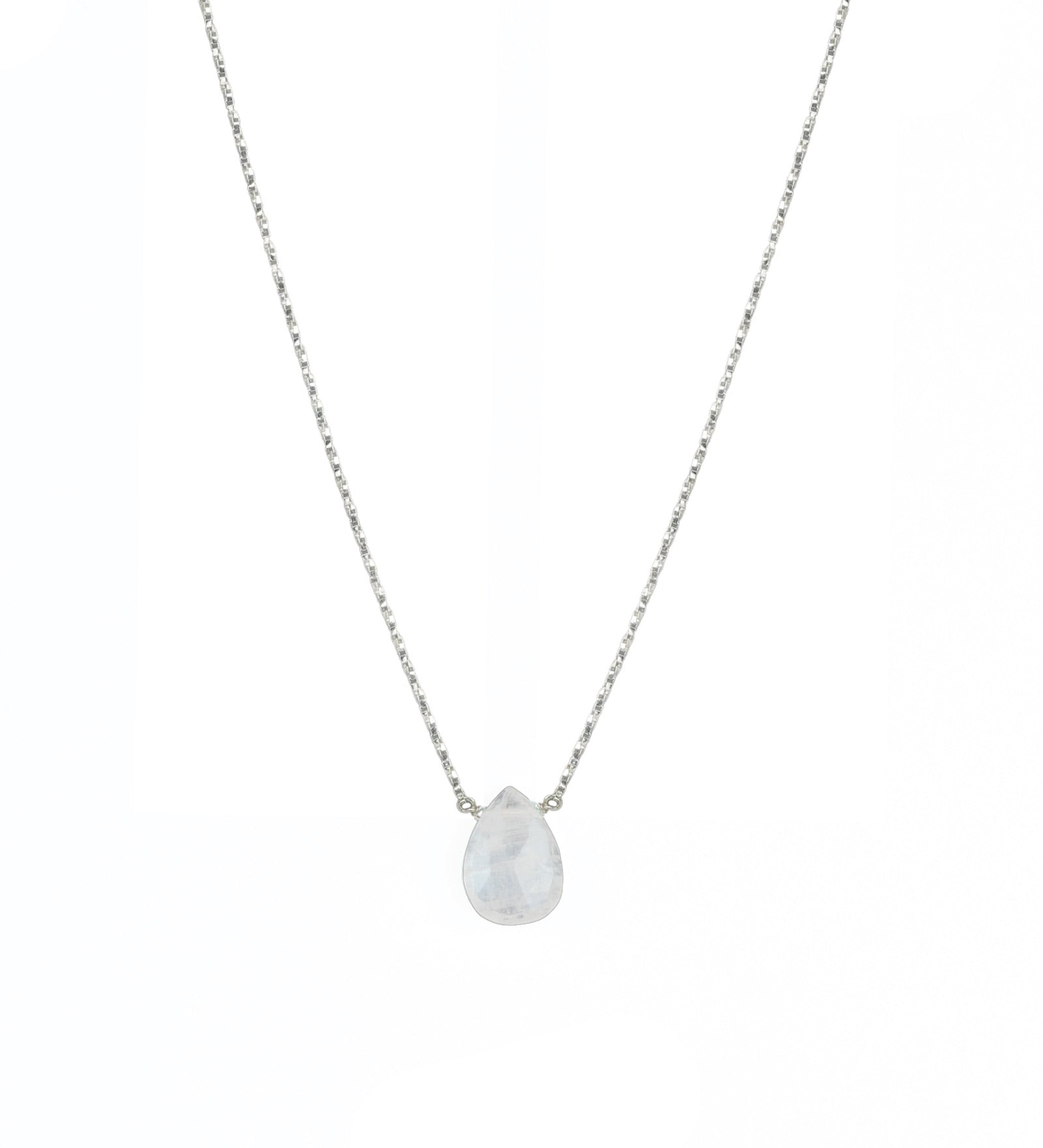 Stoned By Gem Jar-Rainbow Moonstone Pear Box Chain Necklace-Necklaces-Sterling Silver, Rainbow Moonstone-Blue Ruby Jewellery-Vancouver Canada