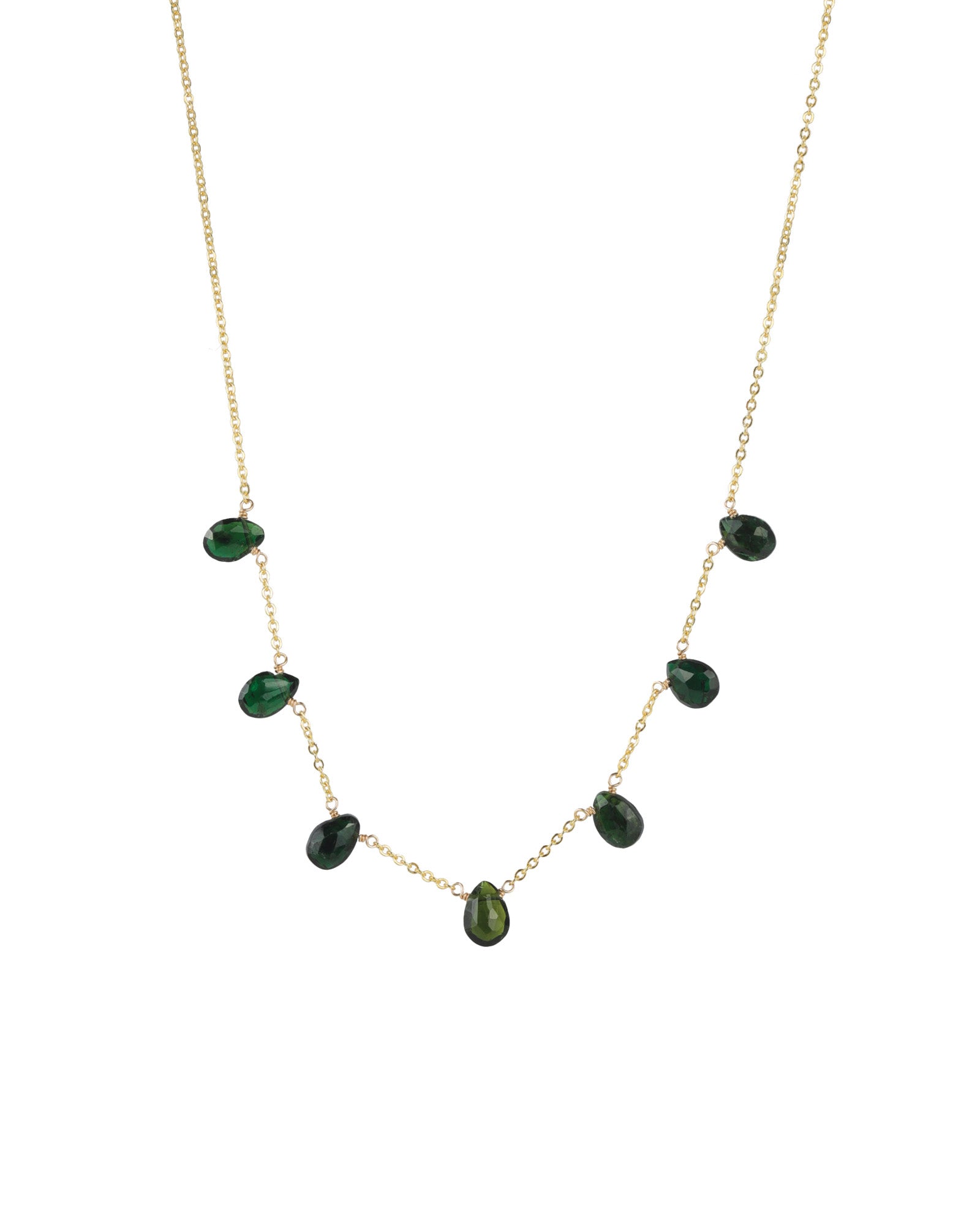 7 Stone Drop Necklace 14k Gold Filled, Green Tourmaline
