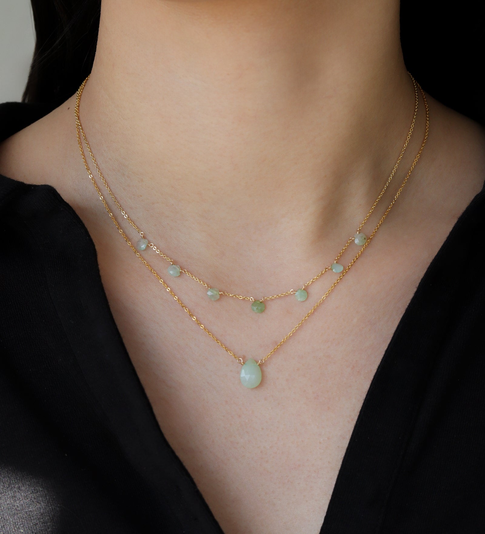 Seven Heart Stone Drop Necklace 14k Gold Filled, Green Opal