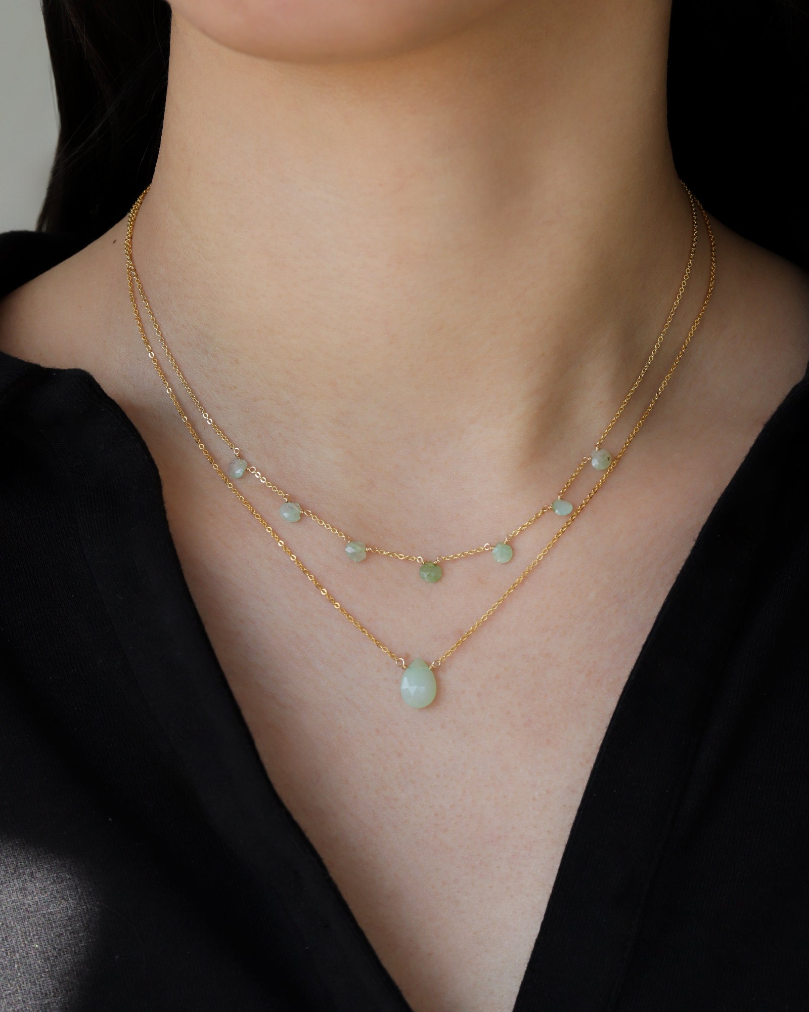 Seven Heart Stone Drop Necklace 14k Gold Filled, Green Opal