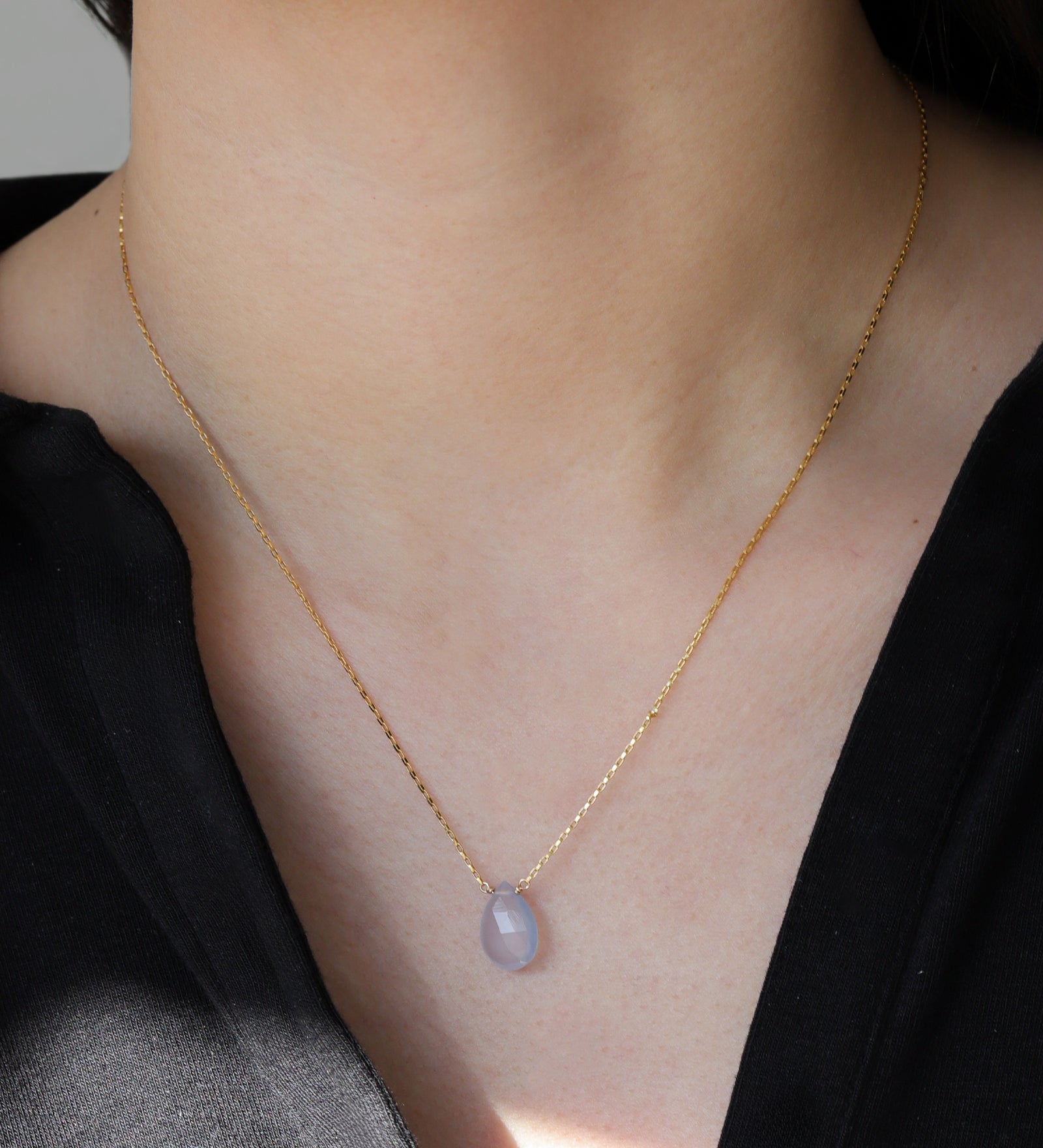 Pear Stone Box Necklace 14k Gold Filled, Blue Chalcedony