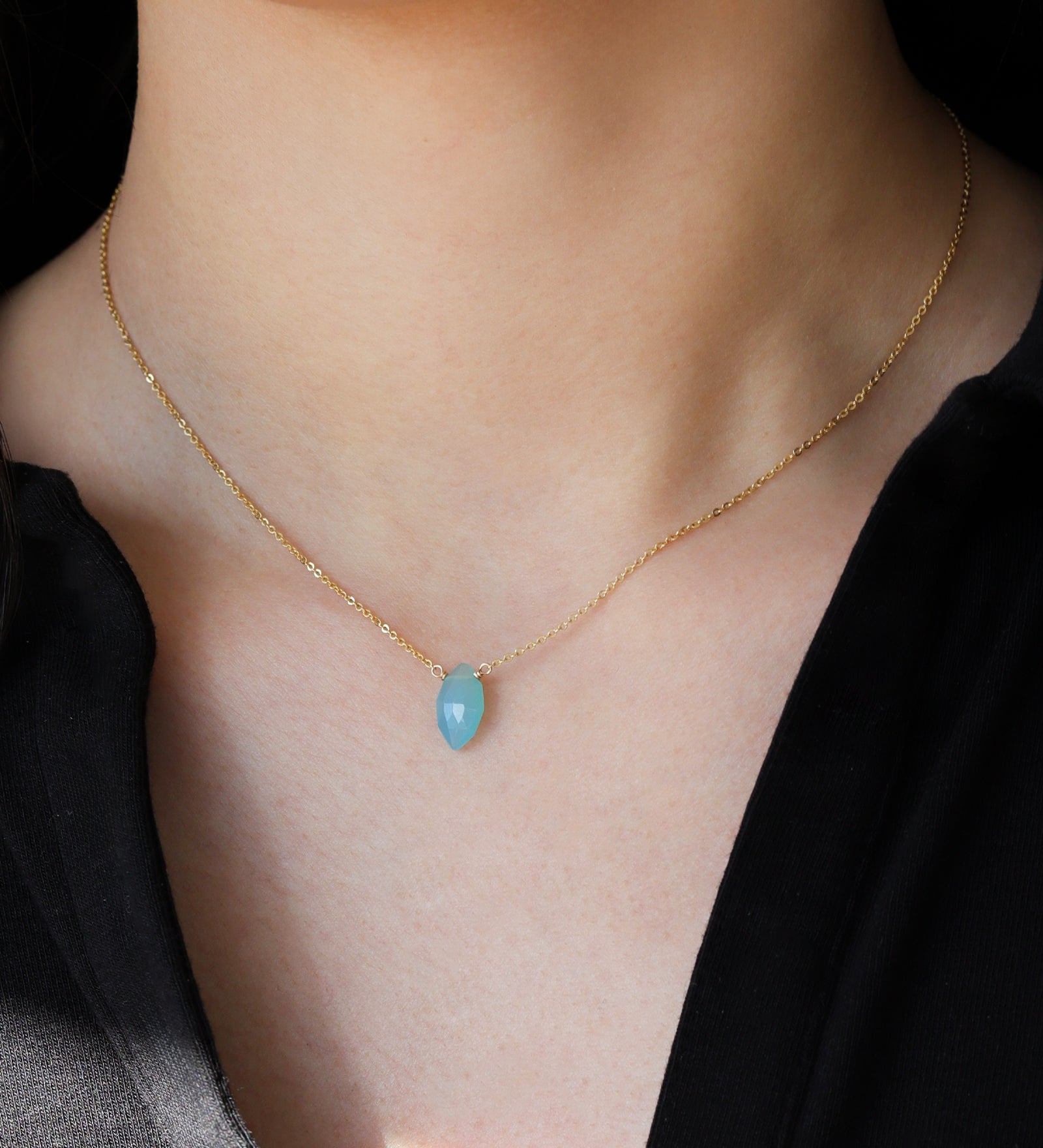 Marquise Stone Cable  Necklace 14k Gold Filled, Blue Chalcedony